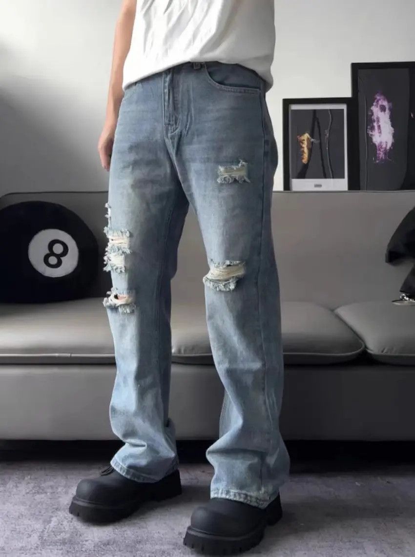 Designer × Japanese Brand Street wash ripped straight wide leg jeans Size US 34 / EU 50 - 4 Thumbnail