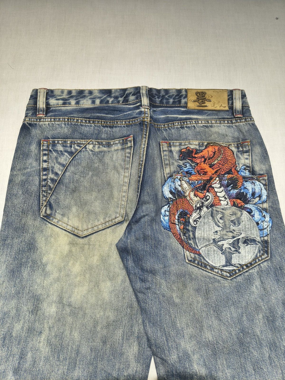 Japanese Brand DOUBLE POCKET DRAGON EMBROIDERY BIG TRAIN JEANS 🐉🥵(013) Size US 34 / EU 50 - 1 Thumbnail