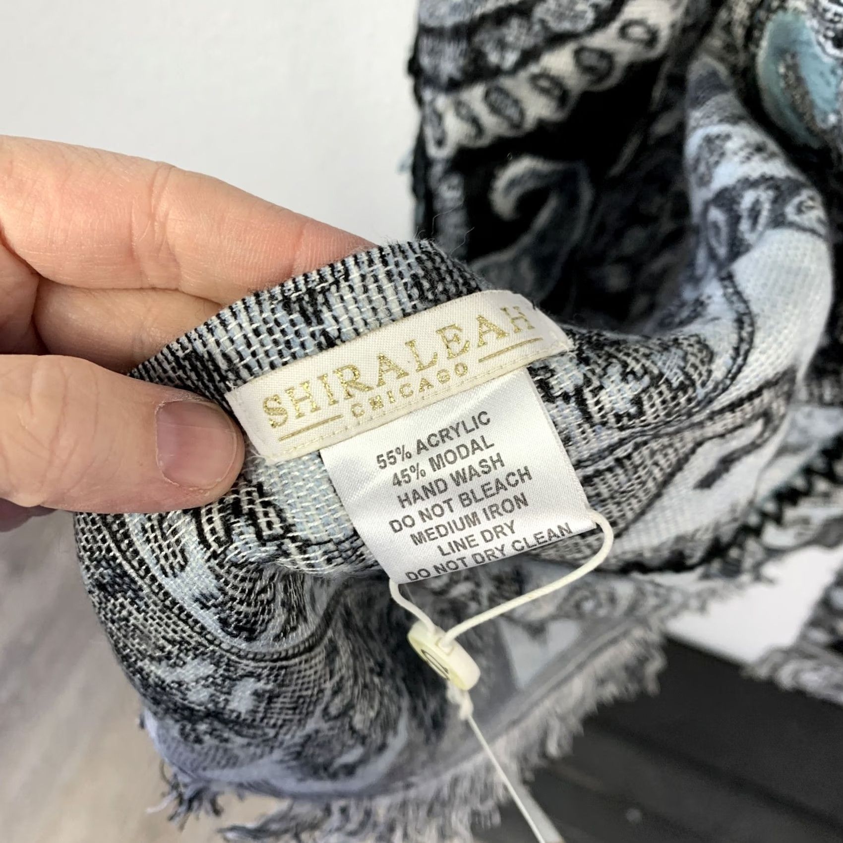 Vintage Shiraleah Chicago Maren Paisley Scarf Wrap Shawl Black Gray Blue Pom-Poms Fringe Women 75 in 28 in Knit Acrylic Modal Lightweight Hand Wash Only N/A Size ONE SIZE - 6 Thumbnail
