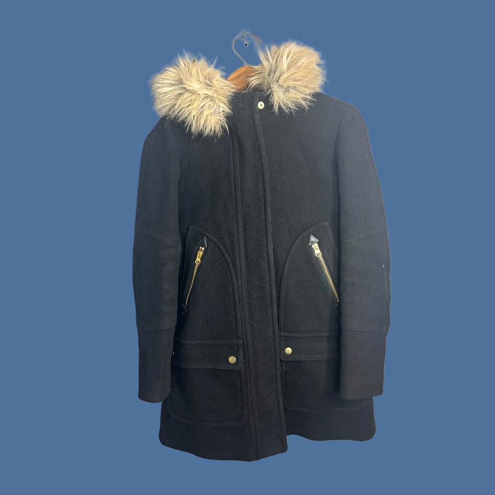 J.Crew J.CREW Parka Wool Faux Fur Hooded Black 00 Womens Coat 4451 Vintage? No, Solid Mid-Length Molecule? Size XXS / US 00 / IT 34 - 1 Thumbnail