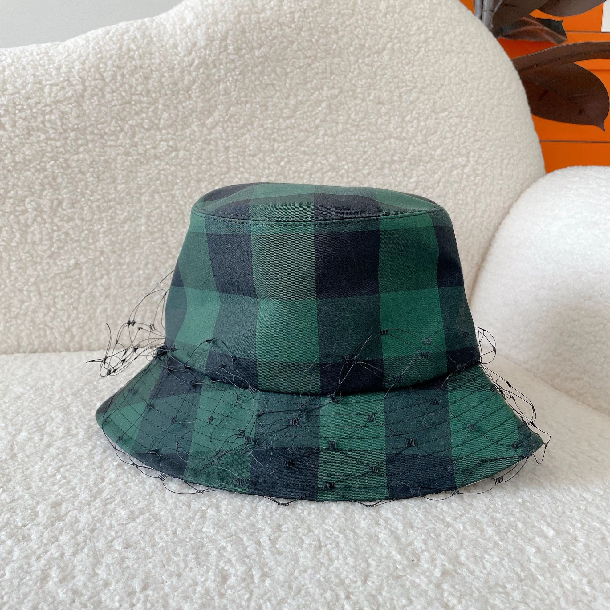 Dior green tulle check bucket hat 58 size 7740