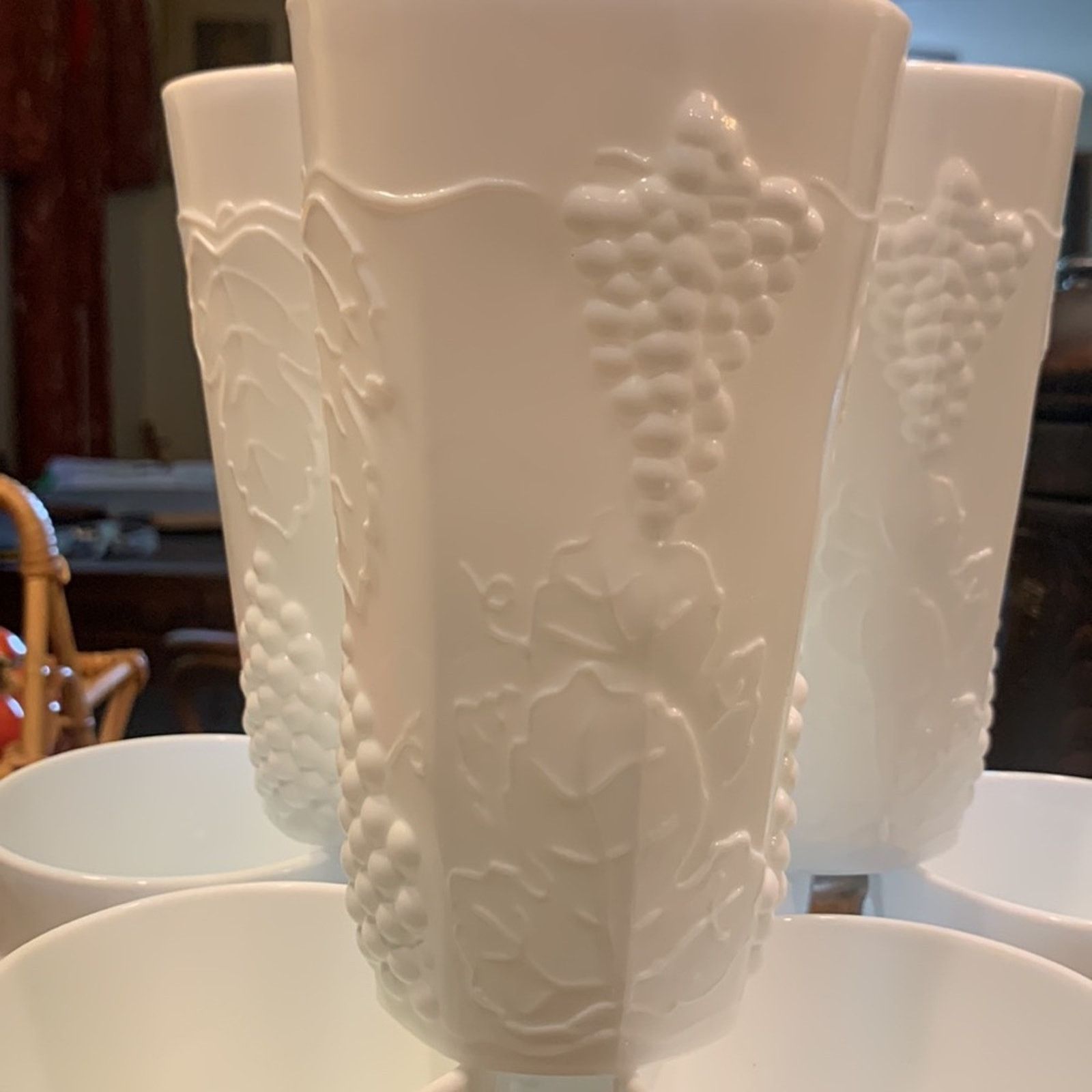 Vintage 8 Milk glass tumblers,grape vine pattern Size ONE SIZE - 4 Thumbnail
