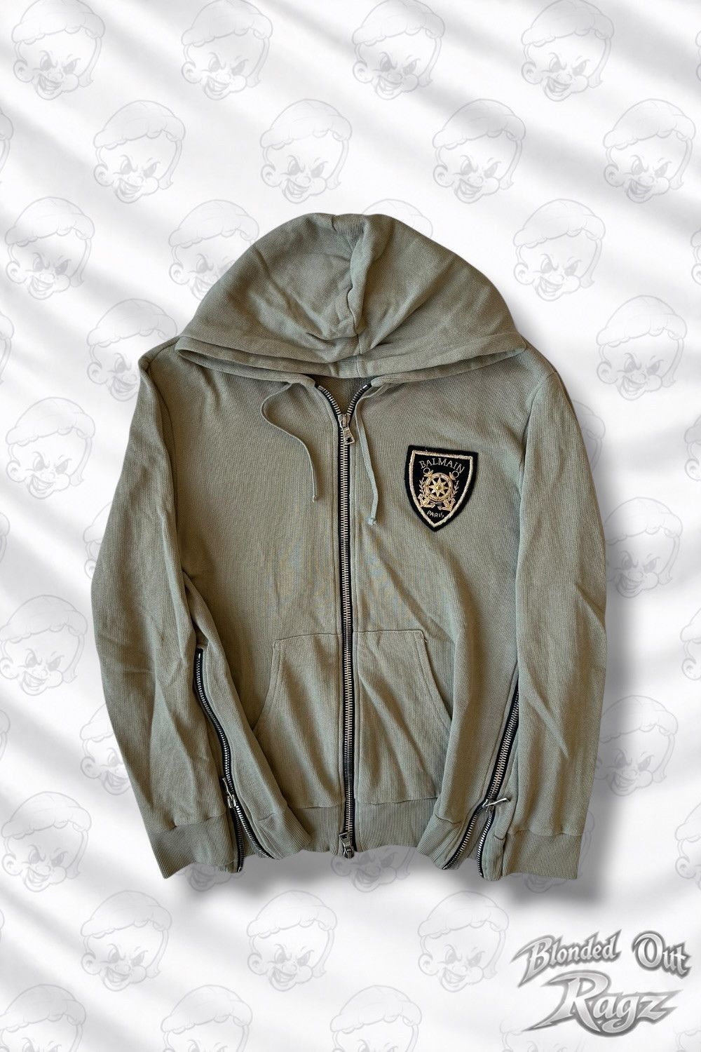 SS18 Balmain Shield Zip Up Hoodie Sand/Beige