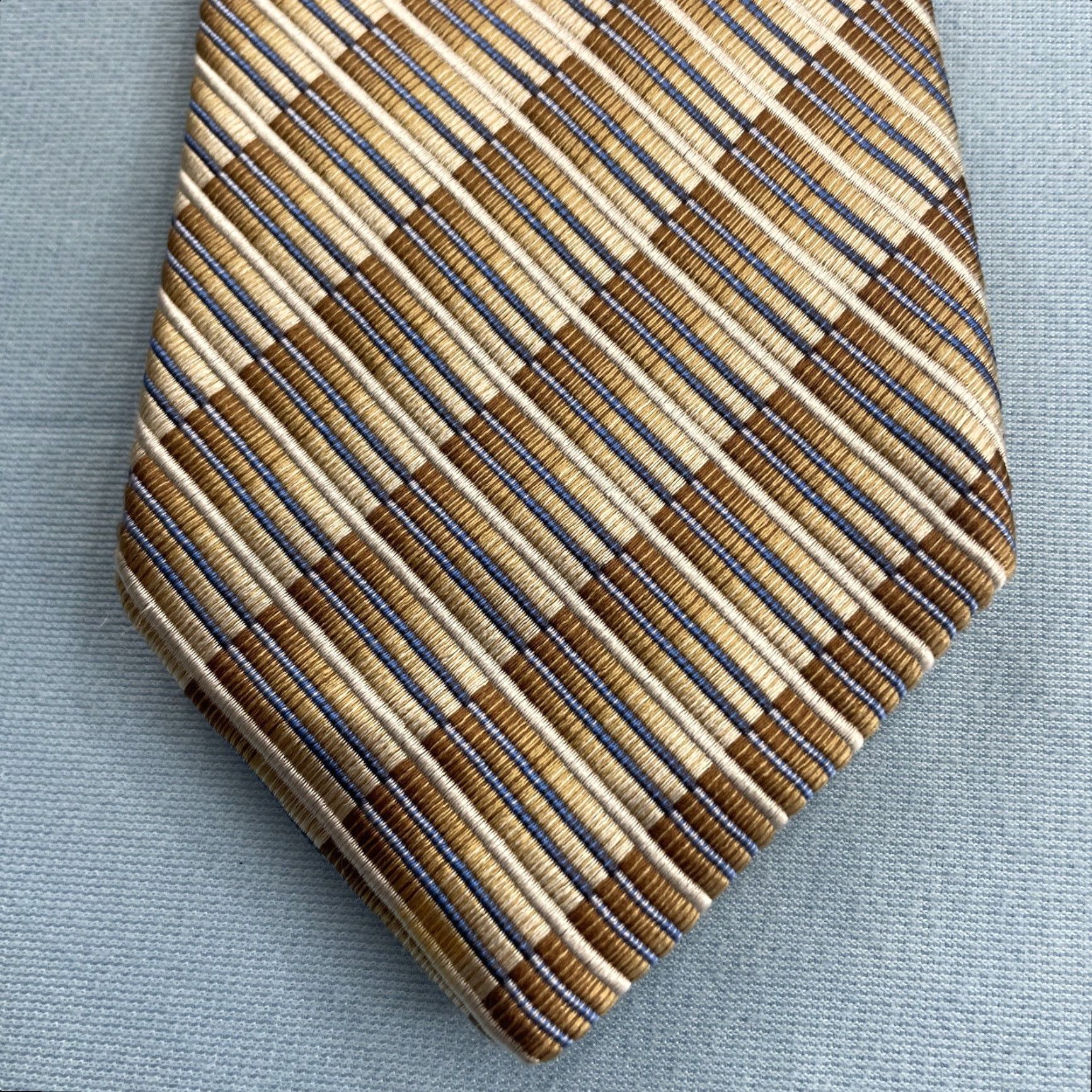 Vintage Pavone Tie Geometric Ribbed Woven Silk ITALY Vintage 3.5x61" Brown Cream Blue Mens Width 3.5" 1990s Signature Statement Size ONE SIZE - 2 Thumbnail