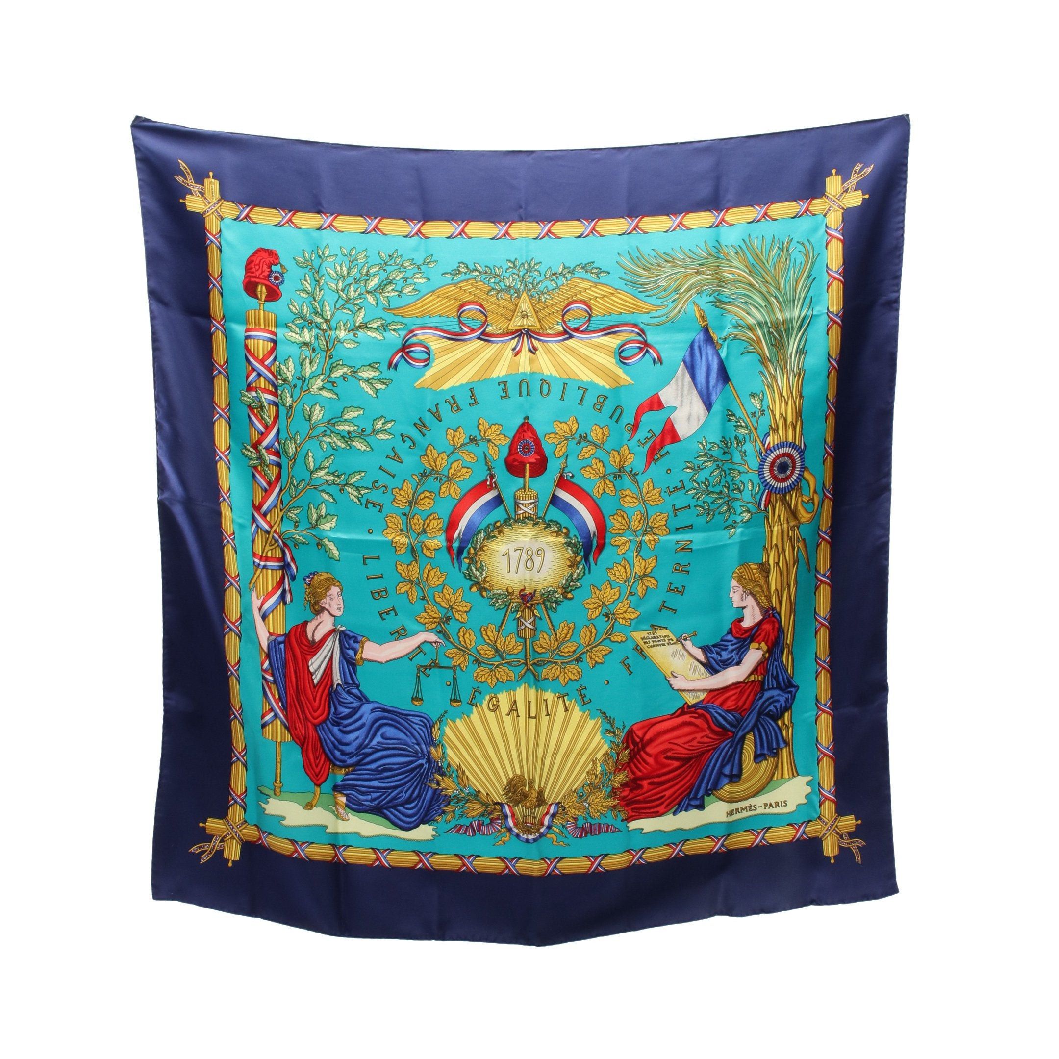 Hermes Hermes Carres 90 Liberte Egalite Fraternite Republique Francaise 1789 Scarf Silk Navy Green Multicolor Size ONE SIZE - 1 Thumbnail