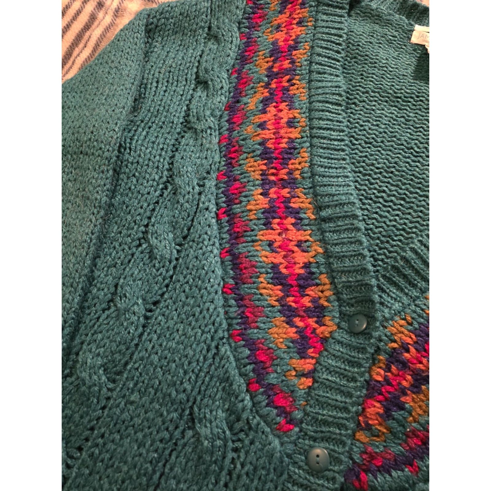 Vintage VINTAGE Jamie Scott Cardigan Sweater Women S Turquoise Geometric Cable-Knit V-Neck Oversized 80s 90s Bohemian Classic Seasonals Size S / US 4 / IT 40 - 3 Thumbnail
