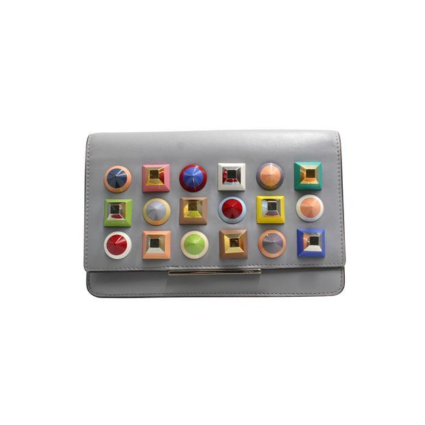 image of Fendi Vitello Dolce Studded Wallet On Chain - Ardesia Multicolor in Grey, Women's
