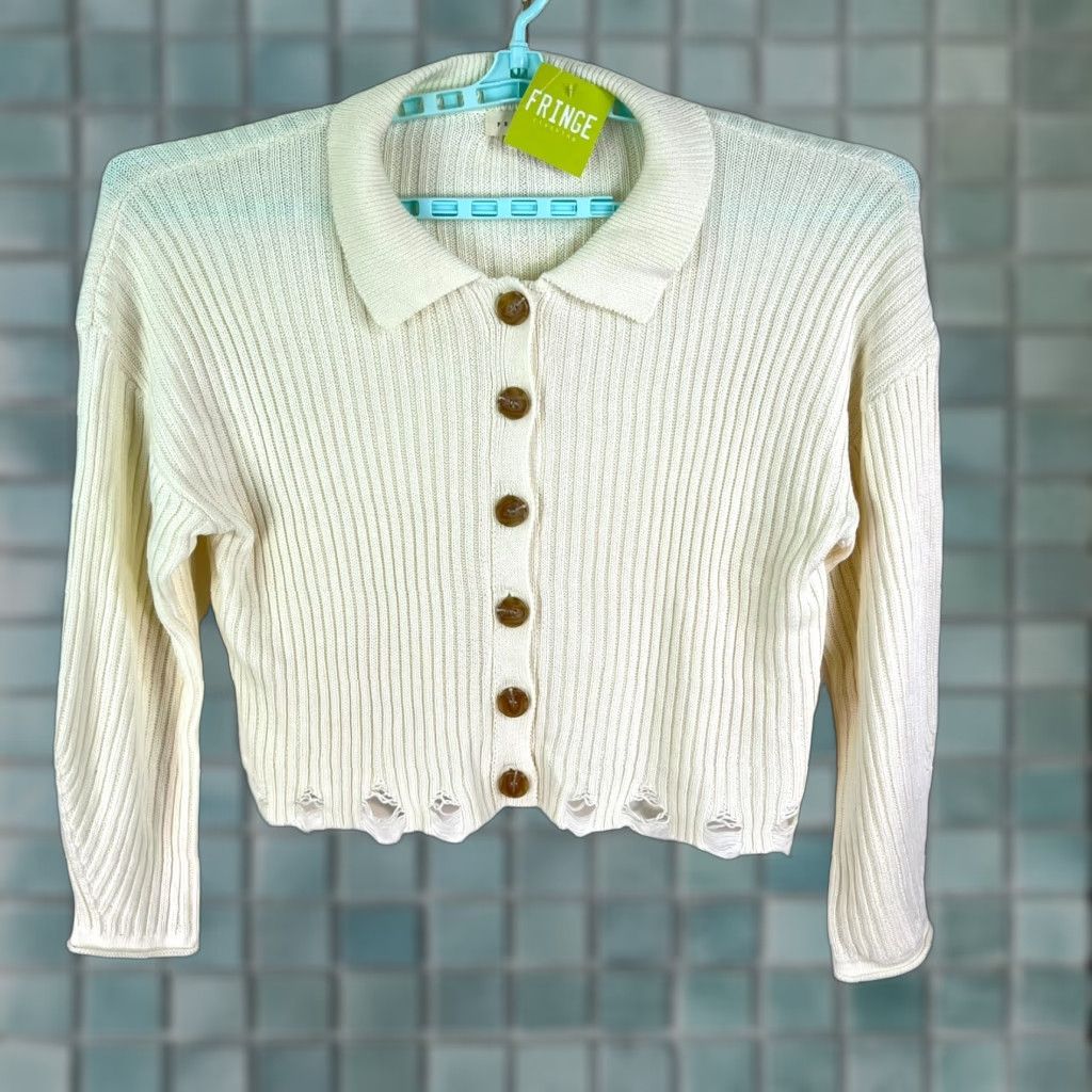 Vintage Promesa Cardigan Womens M Ivory Striped Cable-Knit Fringe Long Sleeve Lightweight All Seasons Bohemian Womens Size M / US 6-8 / IT 42-44 - 1 Thumbnail