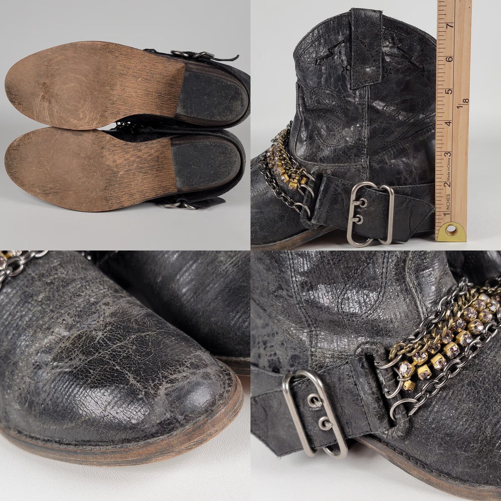 Steve Madden Steve Madden Brasko Women Cowboy Bootie Leather Chains Rhinestones Festival 8.5 Black Leather Bootie Cowboy Womens 8.5 Size ONE SIZE - 8 Thumbnail