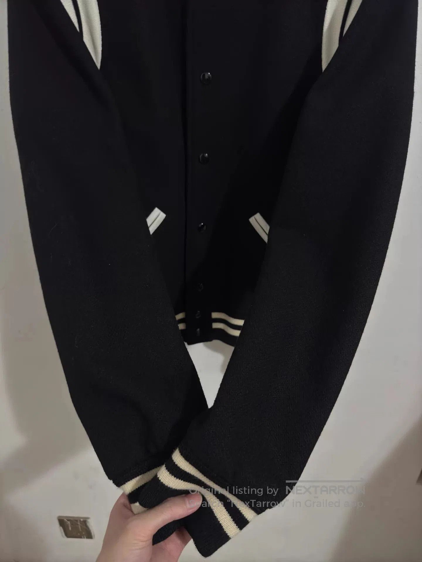 Saint Laurent Paris Black Varsity Bomber Jacket with Leather Sleeves. Size US M / EU 48-50 / 2 - 5 Thumbnail
