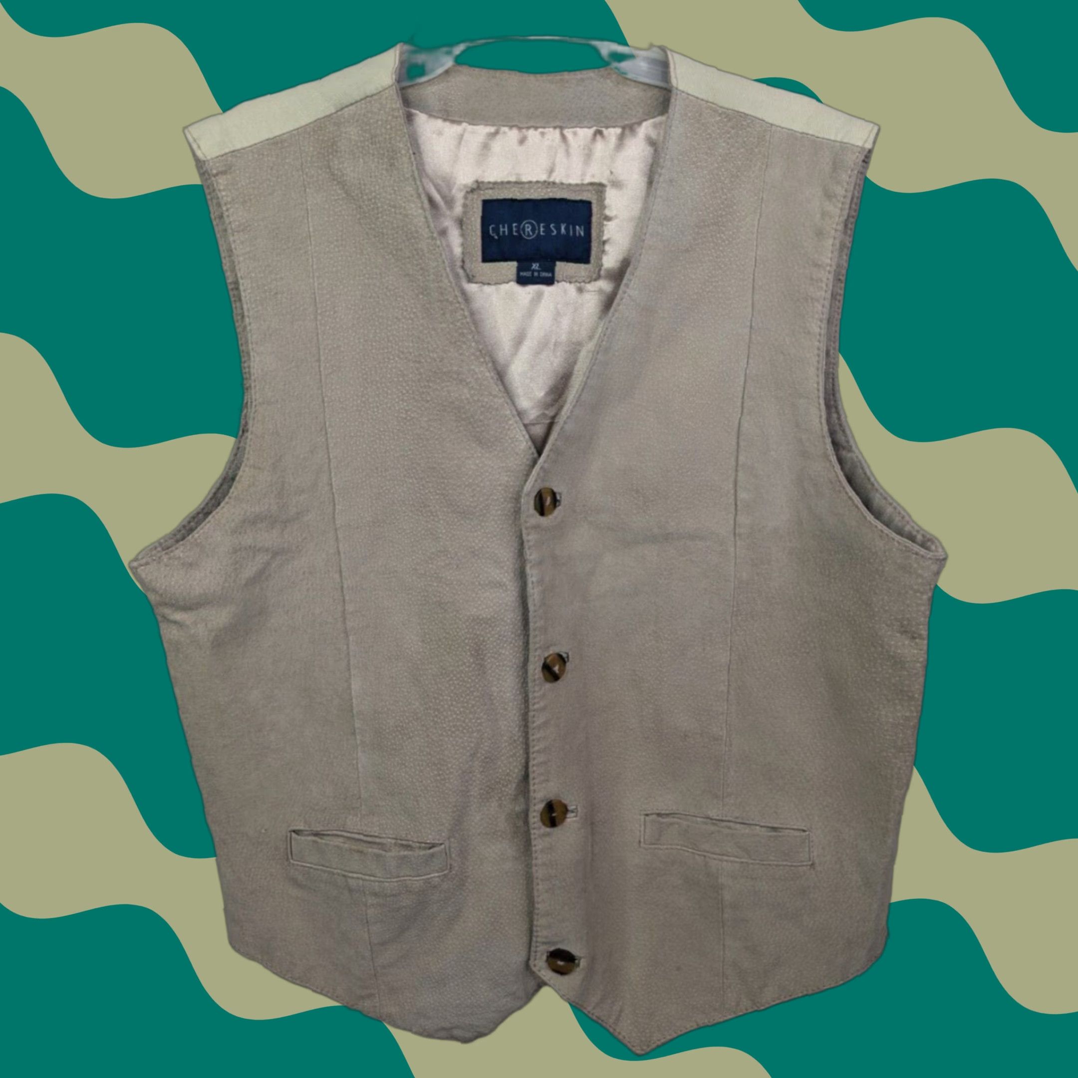Vintage Chereskin Vest Men’s XL Beige 4 Button Front Leather Lined Chest Pockets Waist Length Adult Mens Vest Size US XL / EU 56 / 4 - 1 Thumbnail