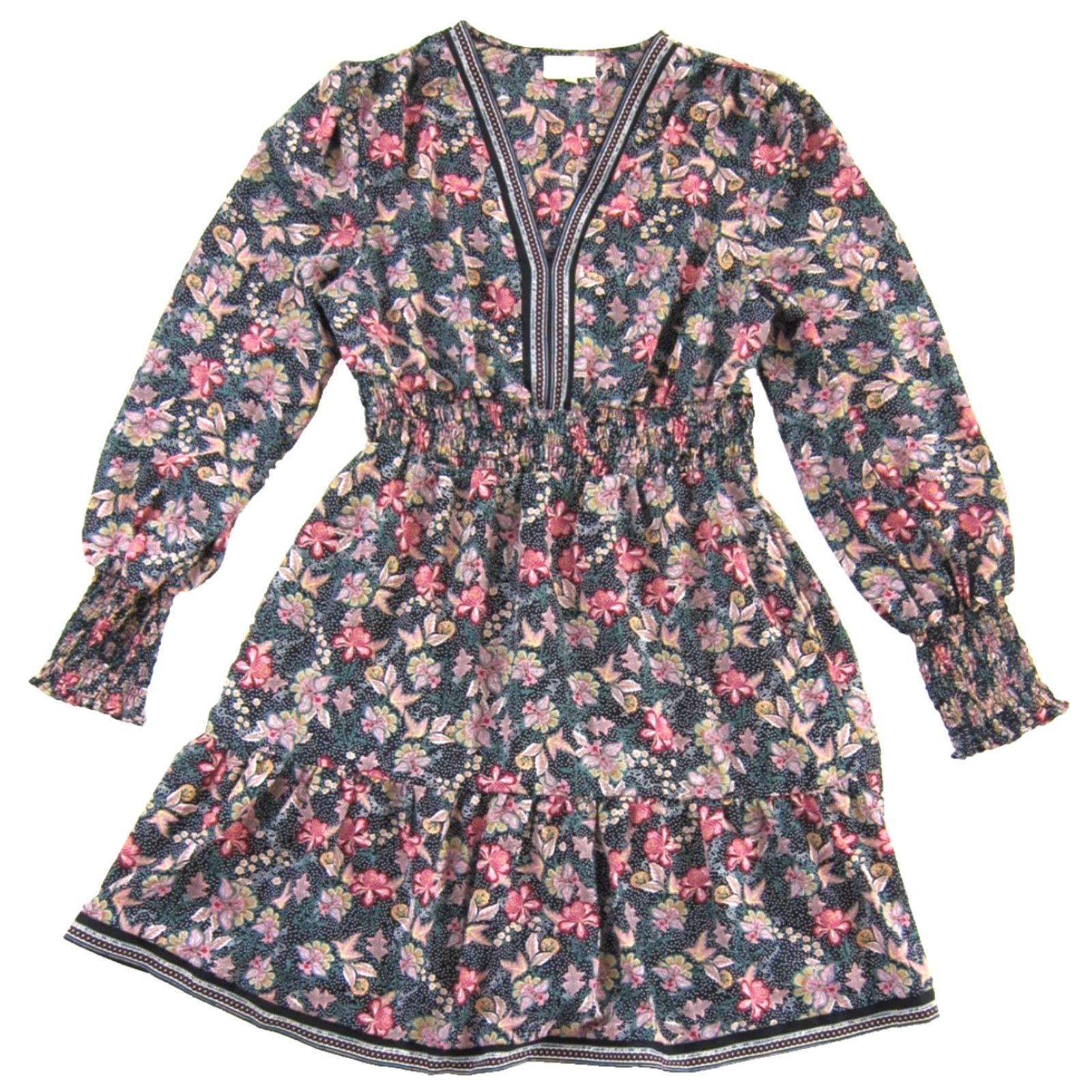 Pinko Melloday Pink Black Green Floral V-Neck Long Sleeve Pocket Sheath Dress Large - Womens Clothing Size L / US 10 / IT 46 - 2 Thumbnail
