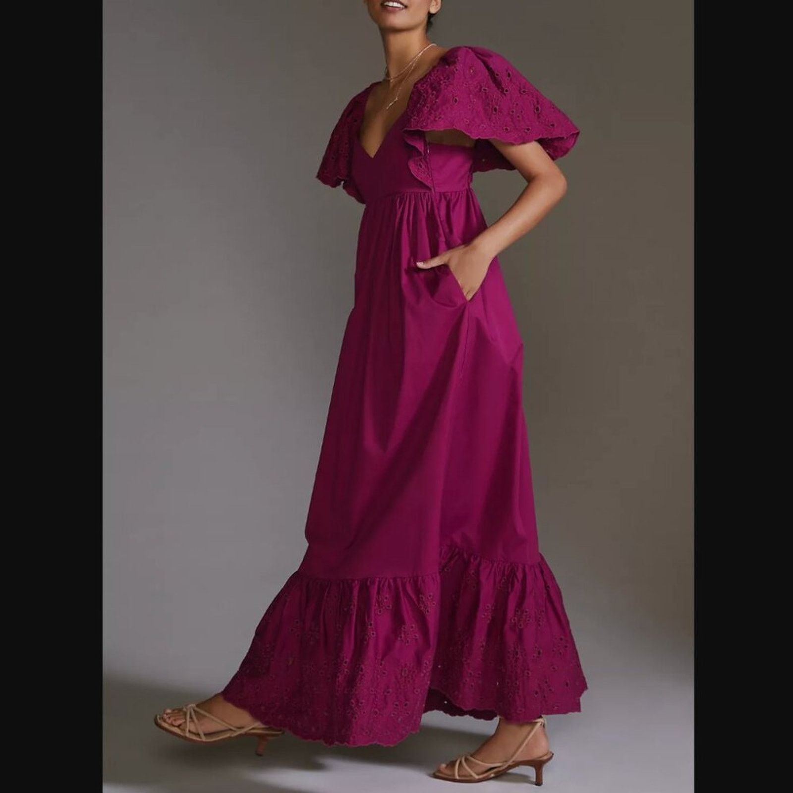 Anthropologie En Saison Flutter Sleeve Maxi Dress Eyelet Criss Cross Back Size S / US 4 / IT 40 - 1 Thumbnail