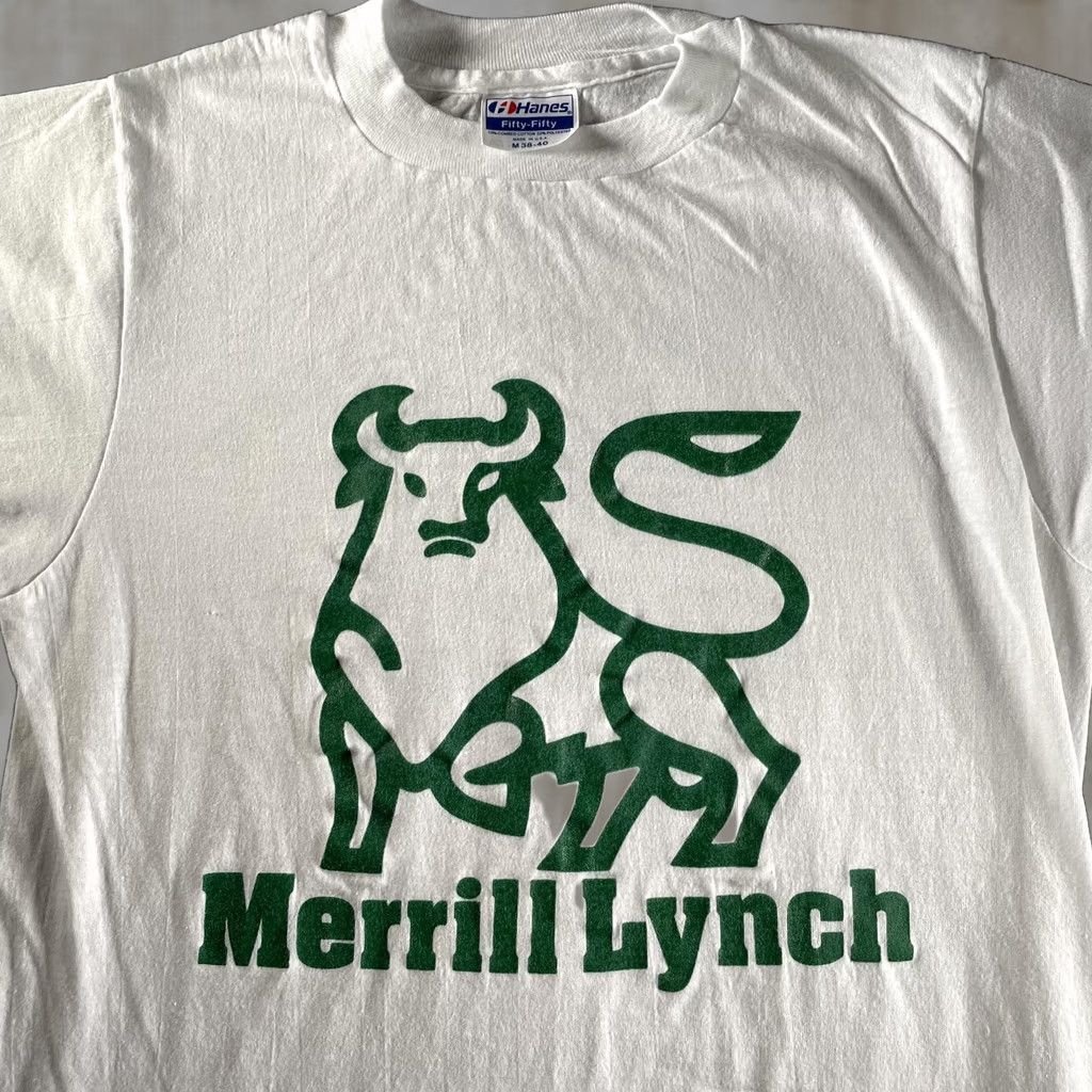 Hanes VINTAGE Merrill Lynch Shirt Mens M White Hanes Fifty-Fifty Made USA Tee Size US M / EU 48-50 / 2 - 1 Thumbnail