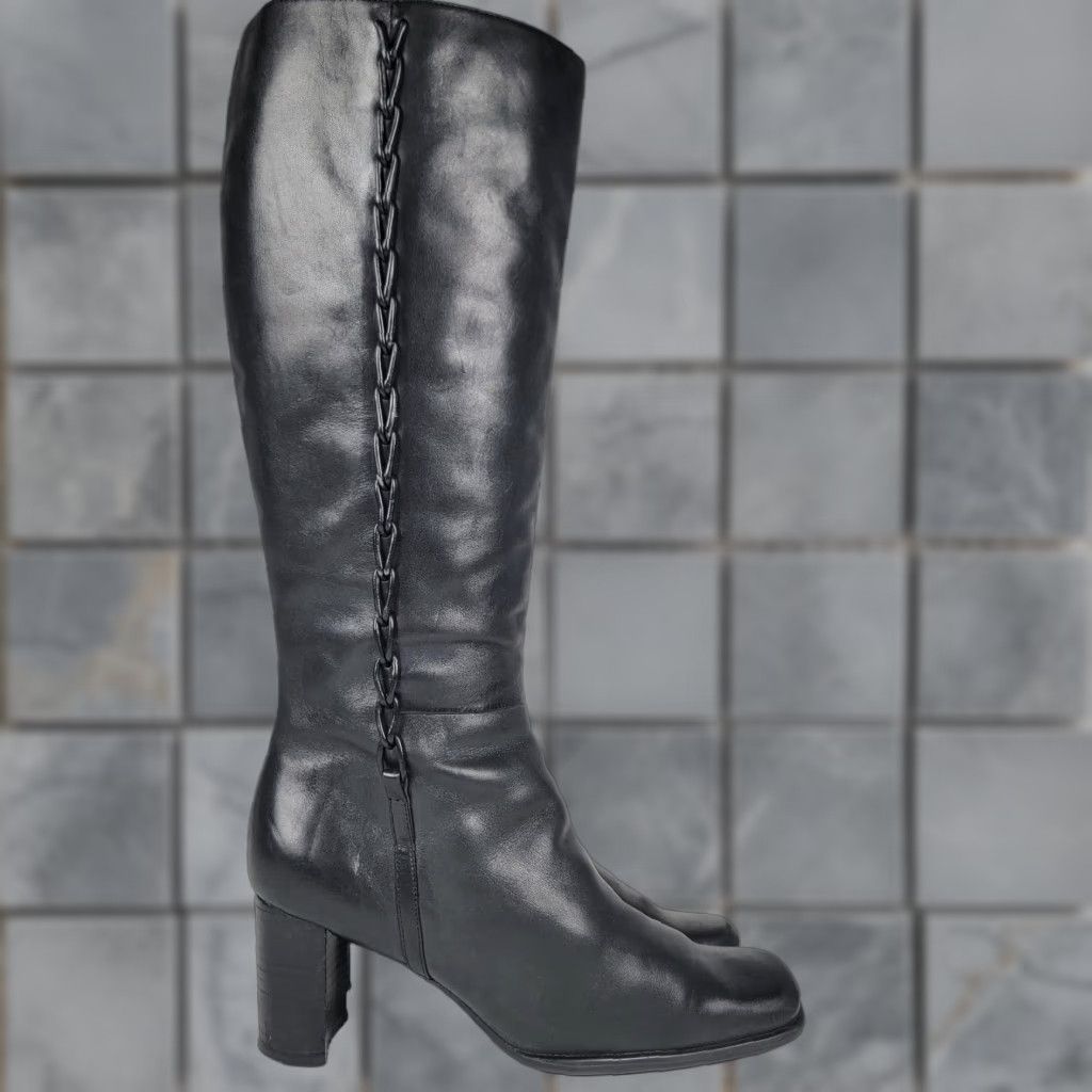Vintage St. John's Bay Boots Women 6.5M Black Knee High Zippered Square Toe Leather Winter Fall Casual Work Travel Party Womens Size US 7 / IT 37 - 1 Thumbnail