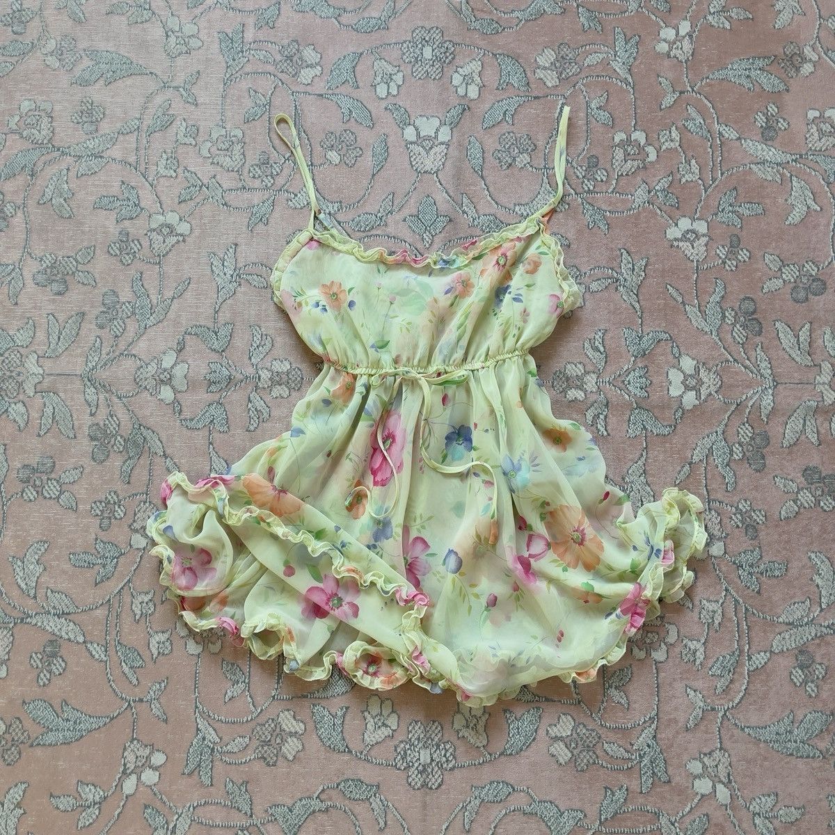 Victoria's Secret Victoria’s Secret 1990s Green Floral Chiffon Slip Dress (XS) Size XS / US 0-2 / IT 36-38 - 7 Thumbnail