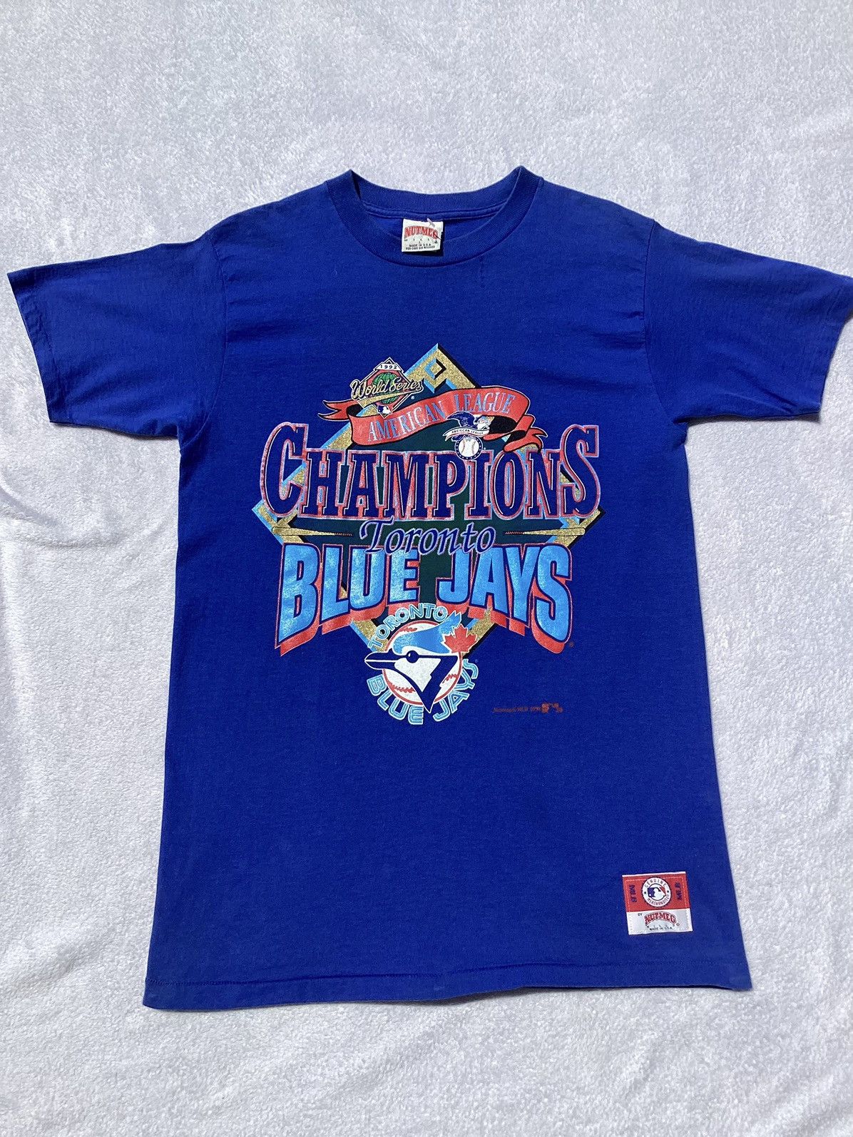 MLB Vtg 92 Toronto Bluejays World Series championship nutmeg tee Size US L / EU 52-54 / 3 - 1 Thumbnail