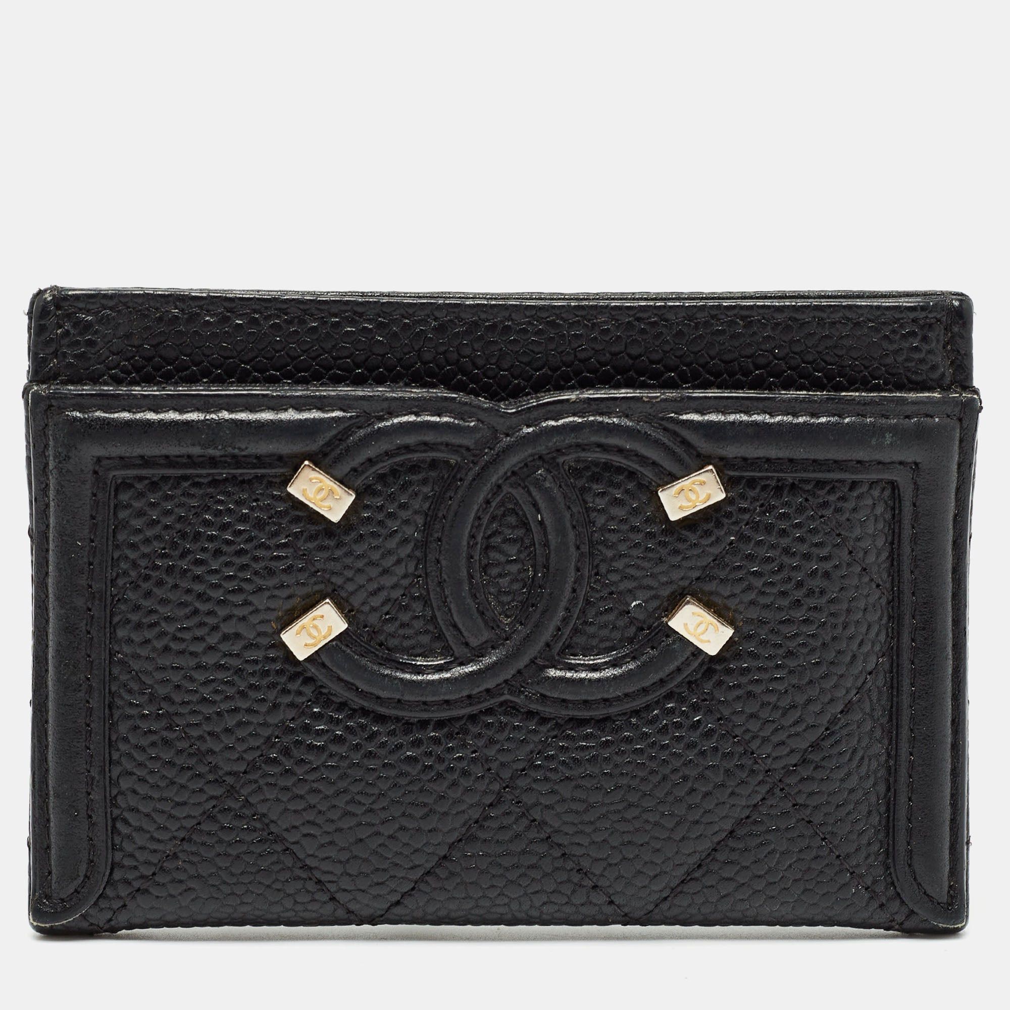 image of Chanel Black Caviar Leather Cc Filigree Card Holder, Women's