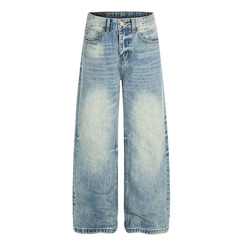 American retro washed whiskered wide-leg jeans for men