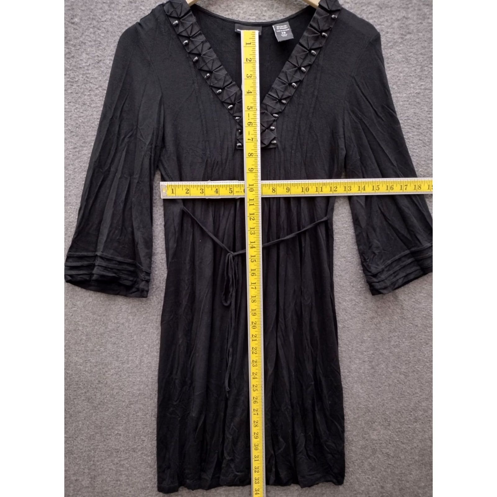Vintage NY&Co Tunic Dress XS V-Neck 3/4 Bell Sleeve Ribbon Tie Rhinestone Black Spandex Rayon Stretch Knee Length Women's Size XS / US 0-2 / IT 36-38 - 4 Thumbnail