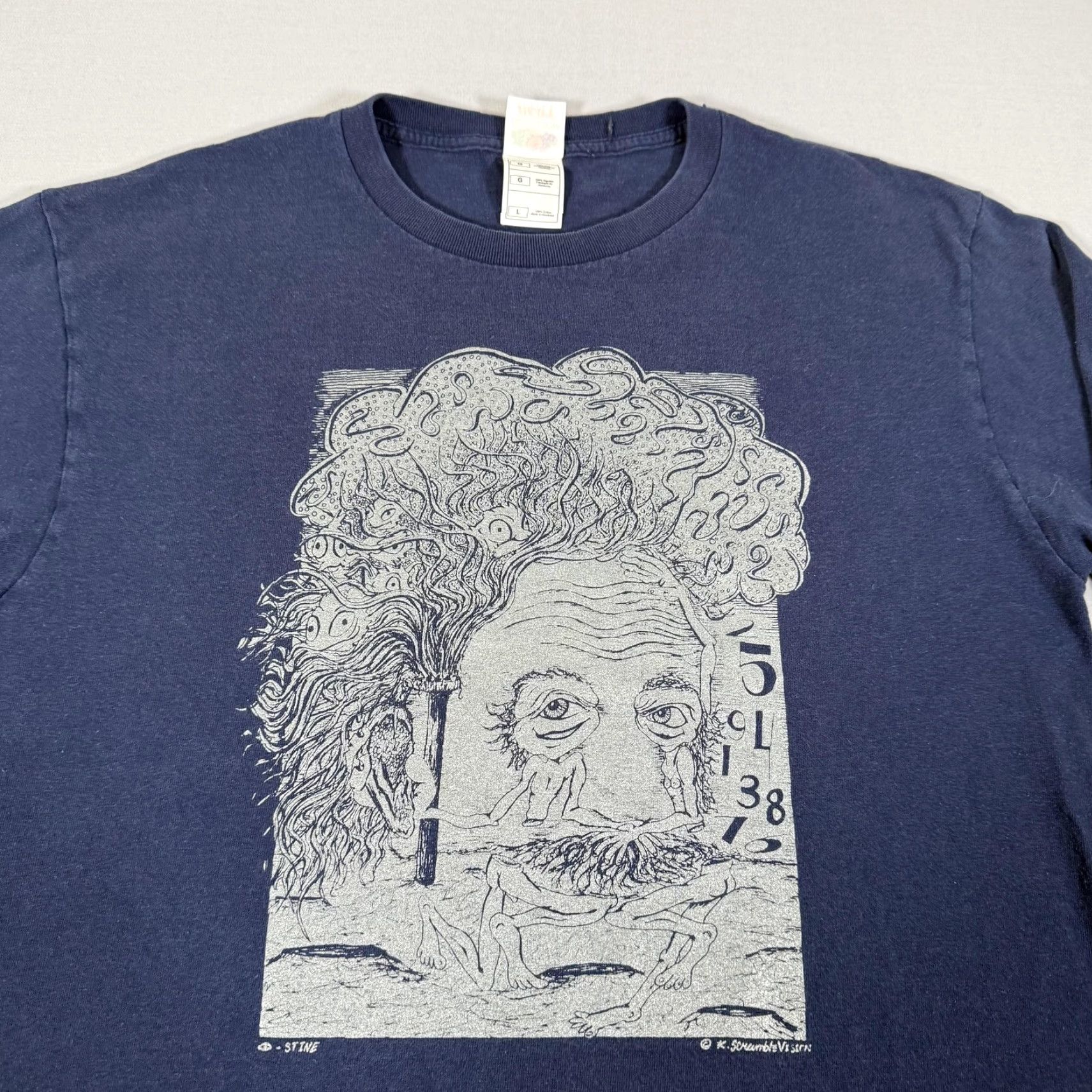 Fruit Of The Loom VINTAGE Albert Einstein Shirt Mens Large Navy Blue Scramble Campbell Graphic Print 90s Art Mens Size US L / EU 52-54 / 3 - 2 Thumbnail