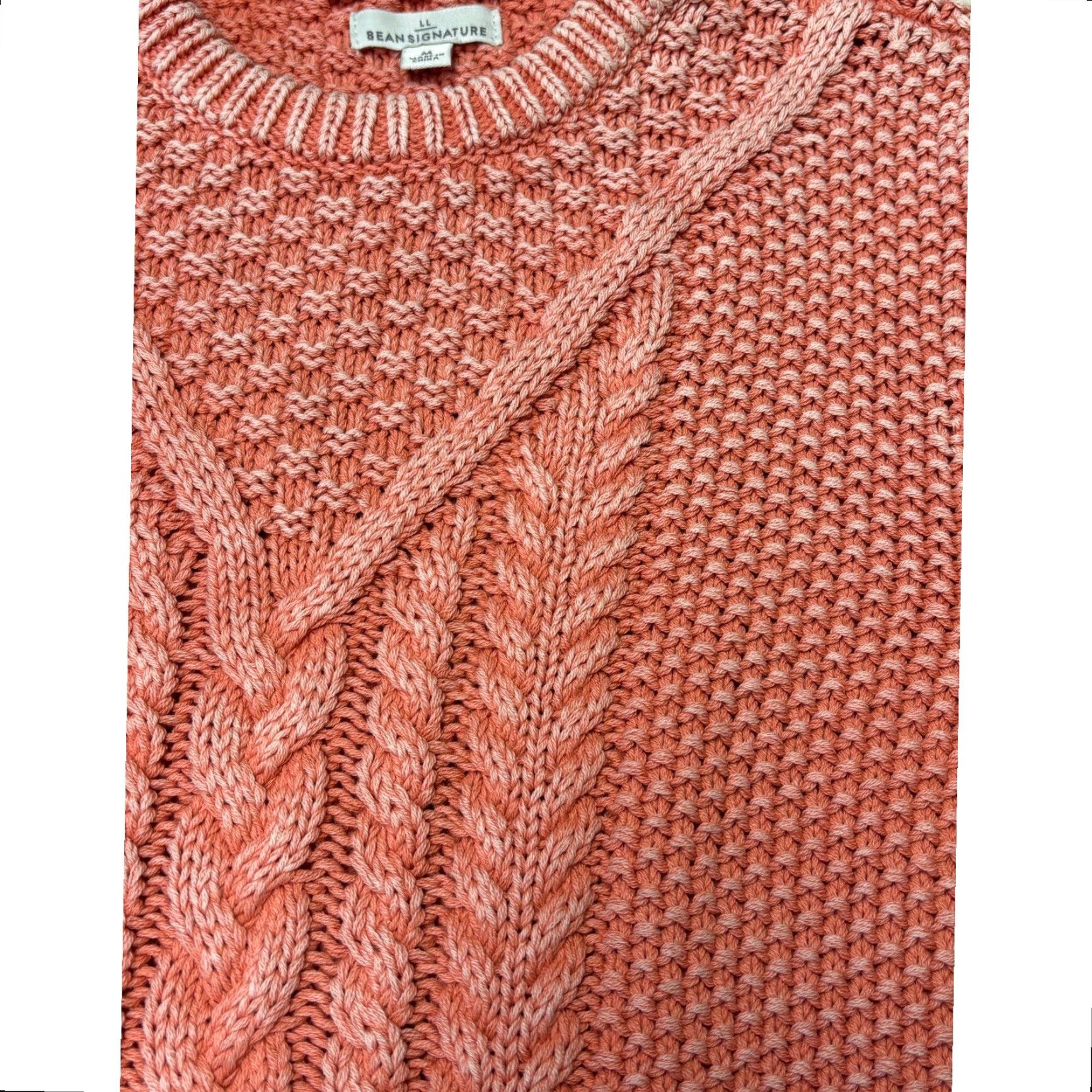 Vintage LL Bean Signature Womens Coral Pink Cable Knit Cotton Sweater Crew Neck Medium Womens Pullover Knit 100% Cotton Heavyweight Casual Fall Winter Spring Size M / US 6-8 / IT 42-44 - 2 Thumbnail