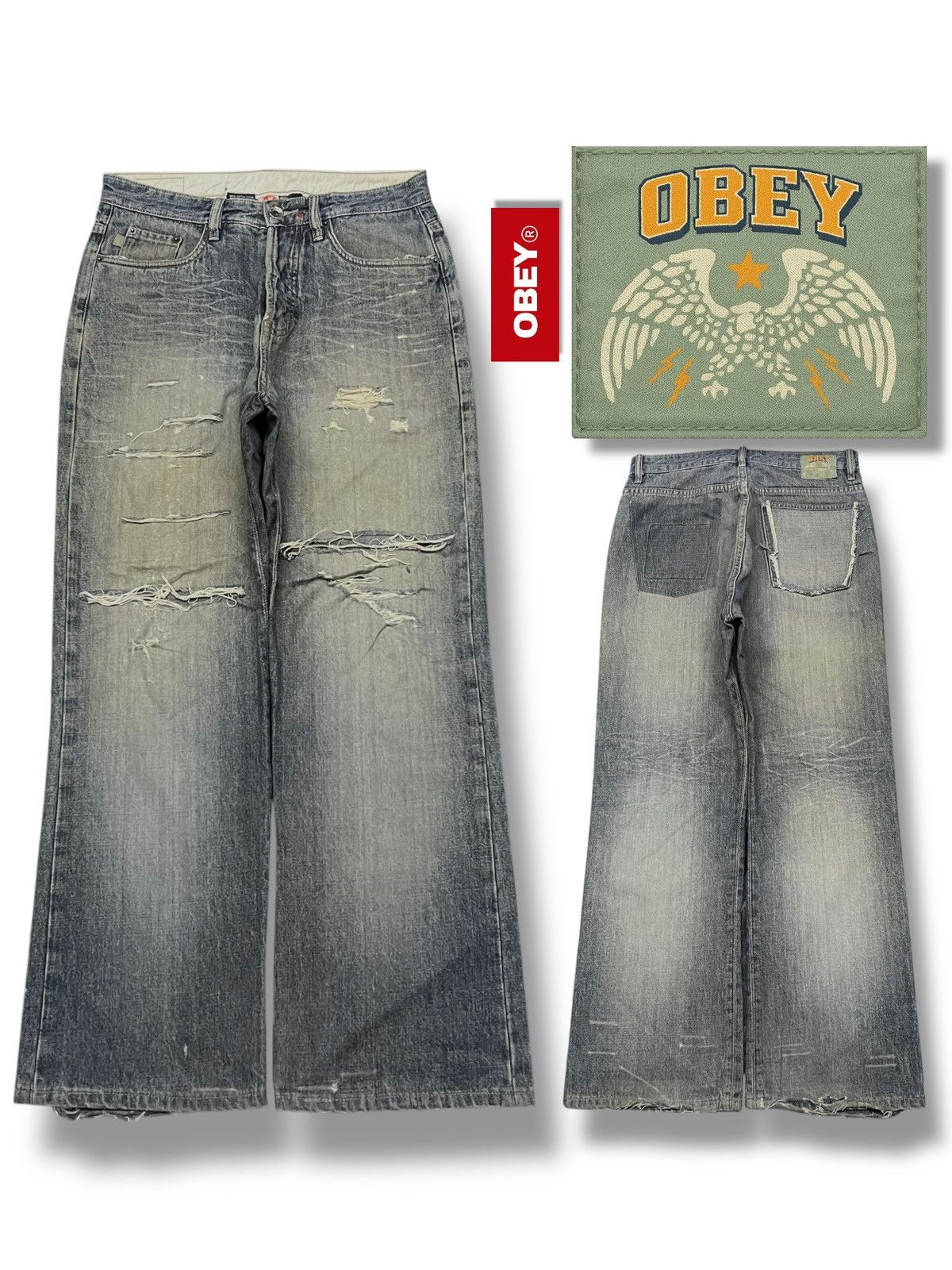 Obey × Shepard Fairey Baggy Vintage The Obey Fiend Club - Faded, Distressed Denim Size US 30 / EU 46 - 1 Thumbnail