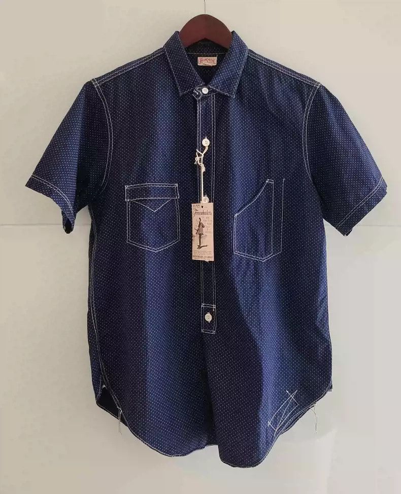 image of Freewheelers Out Of Print Old Blue Polka-Dot Short-Sleeved Shirt, Men's (Size Medium)