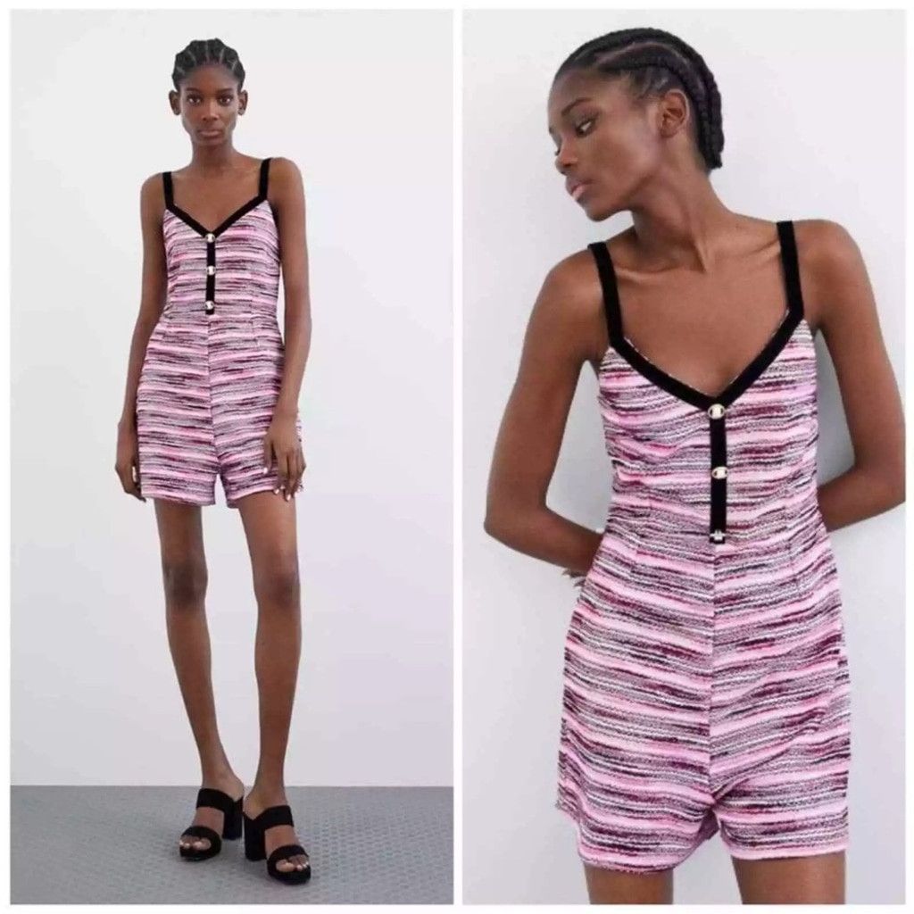 Zara Zara Pink Tweed and Black Velvet Trim Romper Size S Size 27" / US 4 / IT 40 - 1 Thumbnail