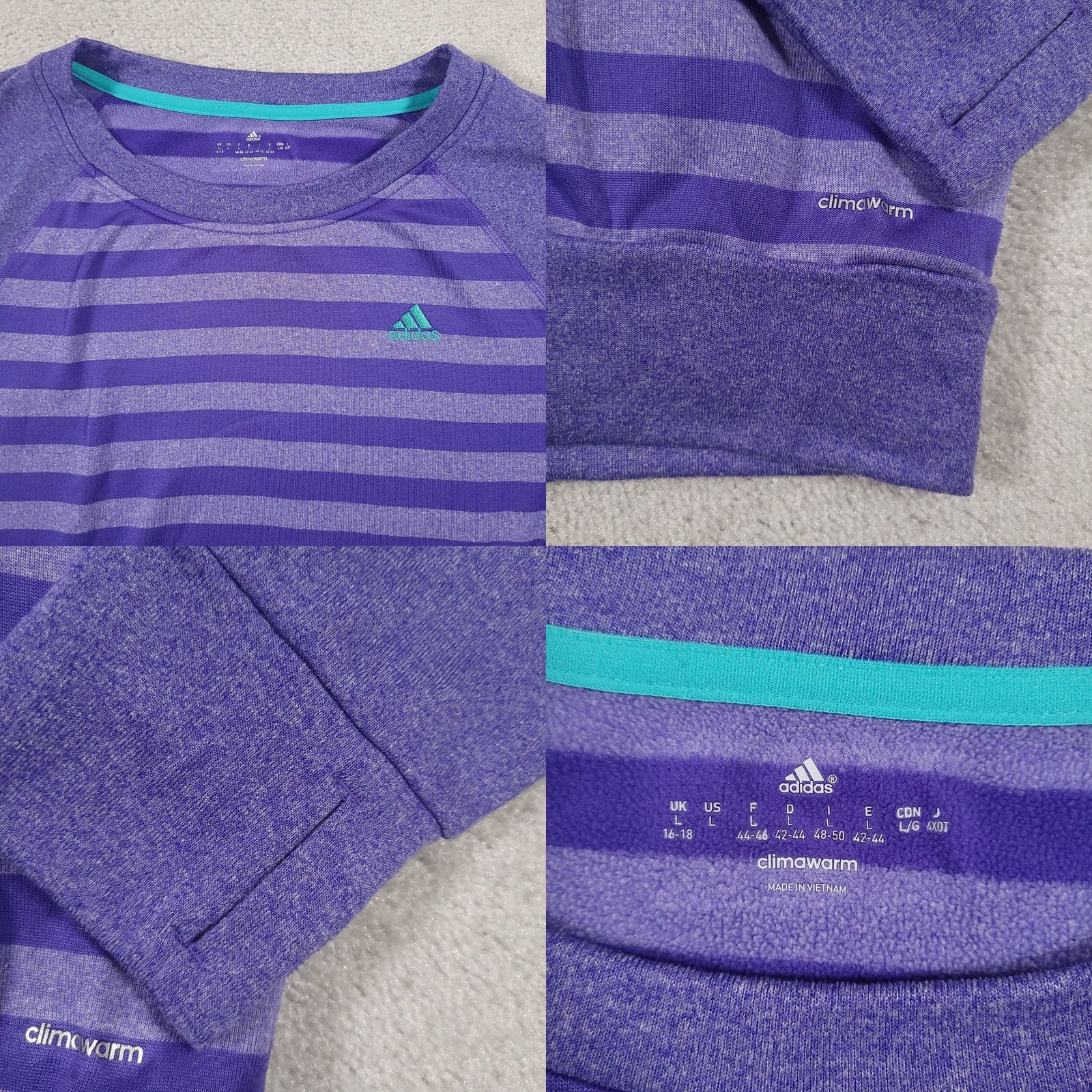 Adidas Adidas Climawarm Pullover Round Neck Women's Large Purple Striped Thumbholes Sweatshirt Pullover Sports Logo Outdoor Size L / US 10 / IT 46 - 8 Thumbnail