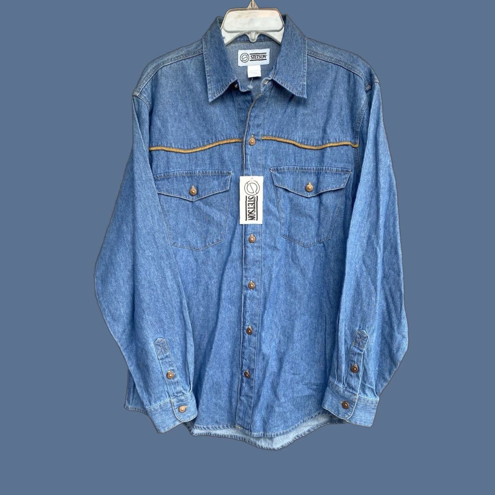 Stetson Stetson Denim Button-Up Shirt Western Mens L Blue Leather Trim Embroidered Pockets Bullet Buttons NWT Button-Up Shirt Size US L / EU 52-54 / 3 - 1 Thumbnail