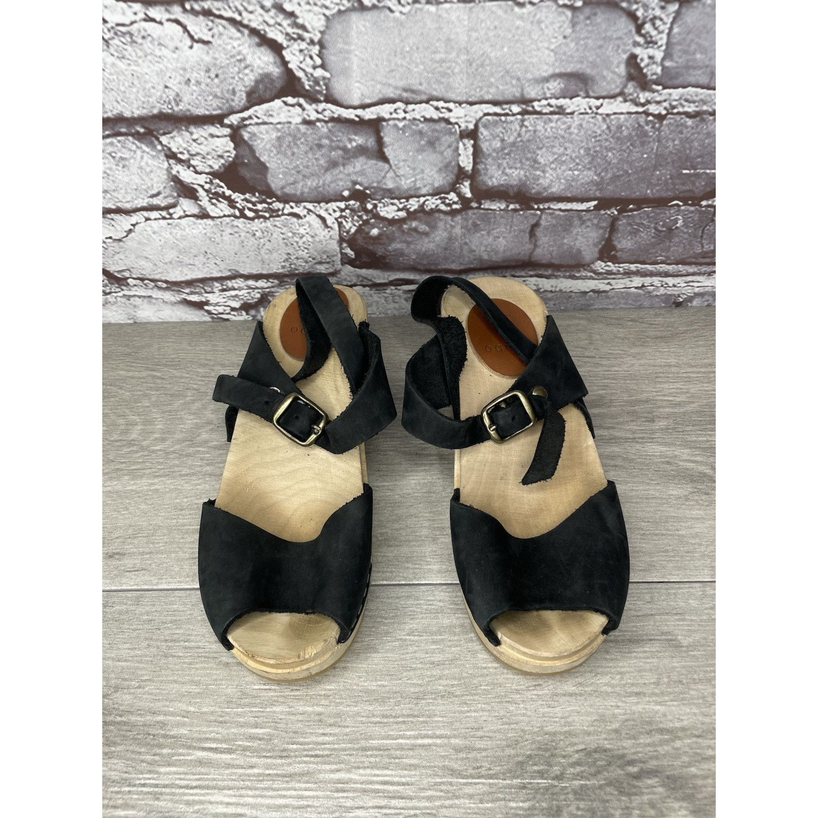 Other Mabo Black Leather Peep Toe Strap Sweden Clogs Heel Sandals Size US 4 / IT 34 - 9 Thumbnail