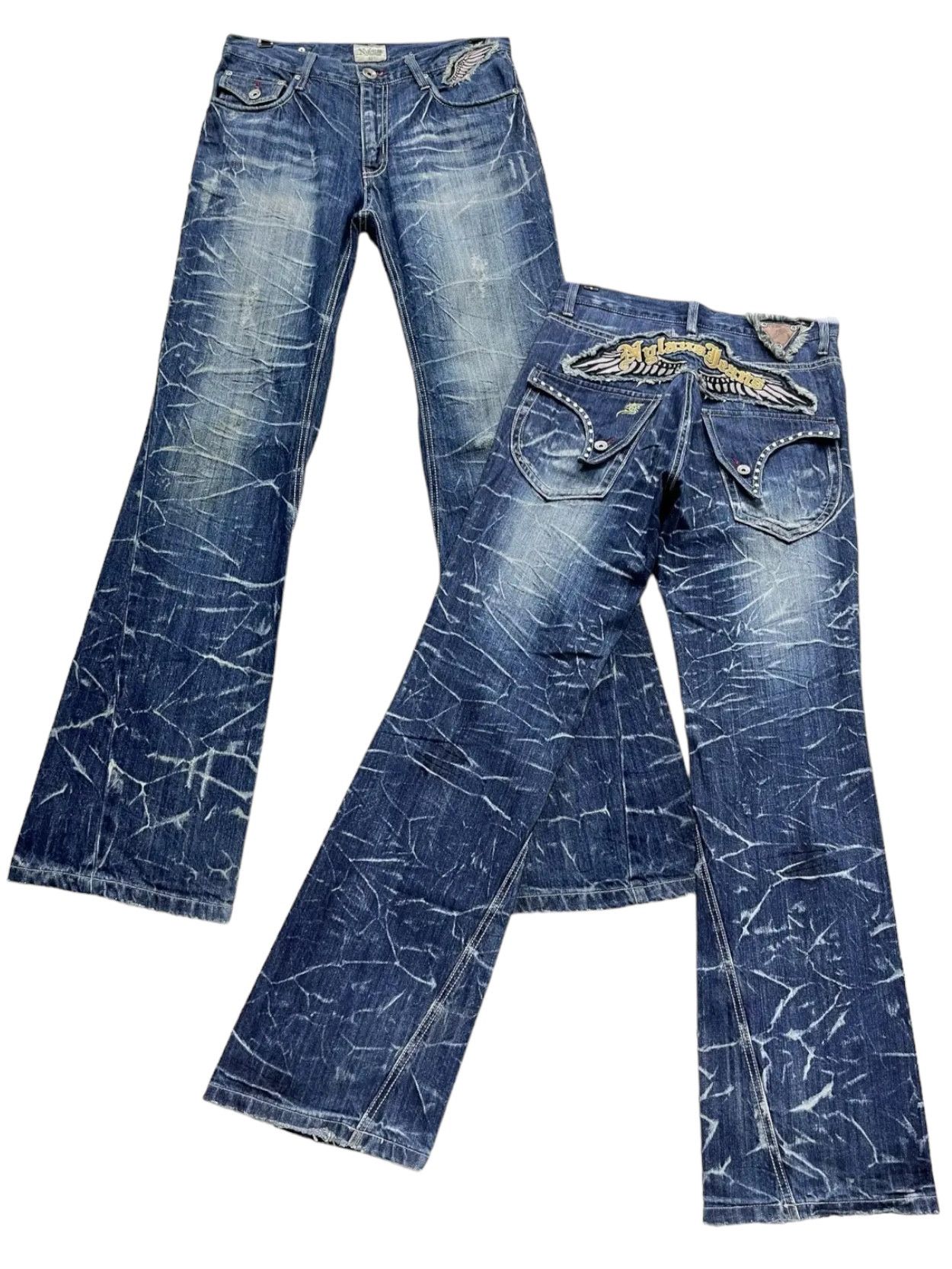 Tribal Streetwear NYLAUS Long Flap Studded Embroidery Winged Acid Wash Flared Size US 31 - 1 Thumbnail