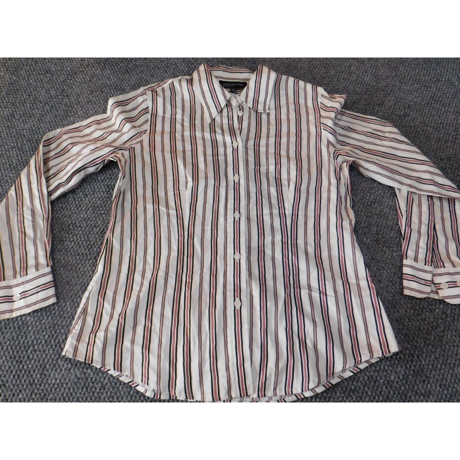 Jones New York Jones New York Button-Up Shirt White Striped Medium Women's Casual Classic Cotton Rayon Cap Sleeve Long Sleeve Regular Fit Shirt Size M / US 6-8 / IT 42-44 - 2 Thumbnail