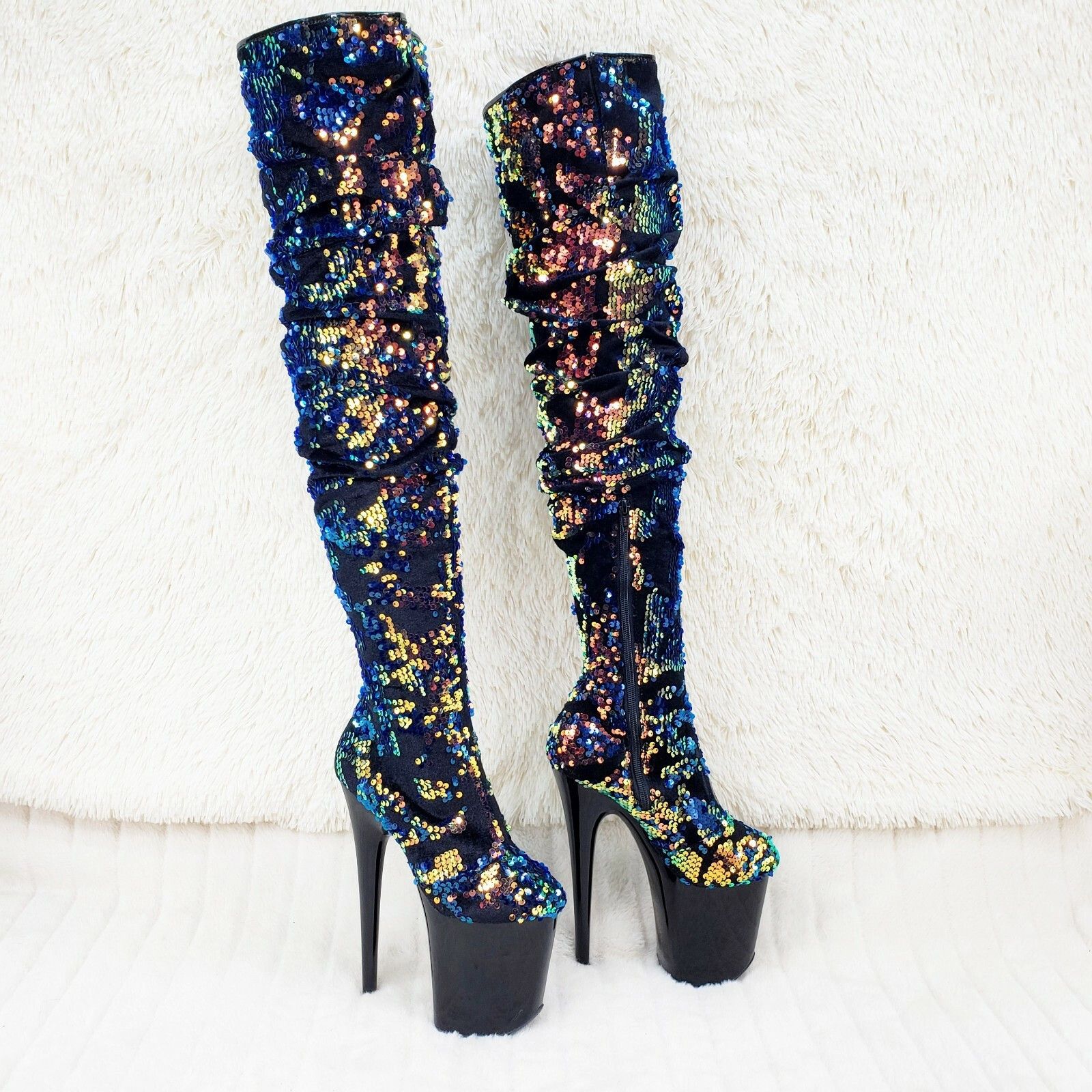 Other Flamingo 3004 Blue Sequin Slouchy Platform Thigh High Boots Size US 9 / IT 39 - 3 Thumbnail