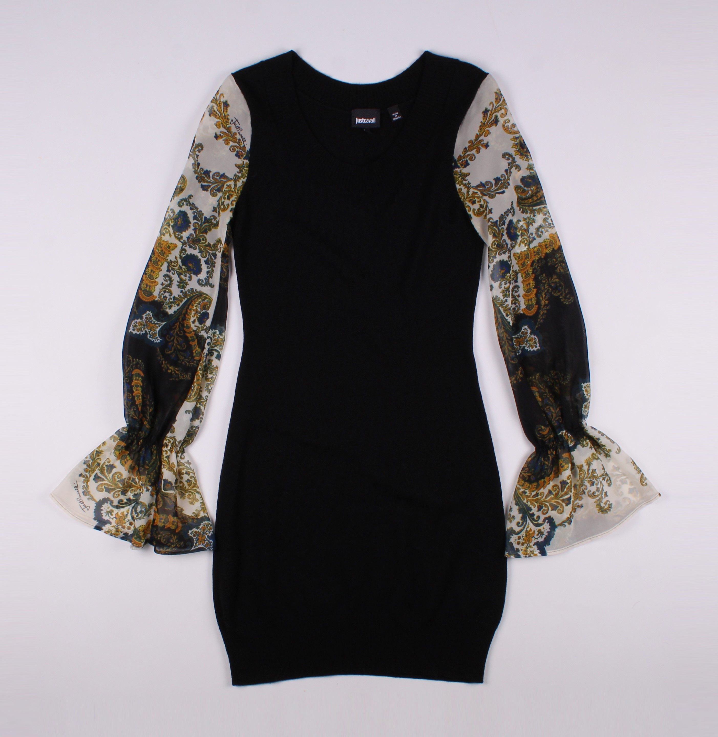 image of Just Cavalli Stunning Wool Dress With Mesh Sleeves in Black, Women's (Size XS)