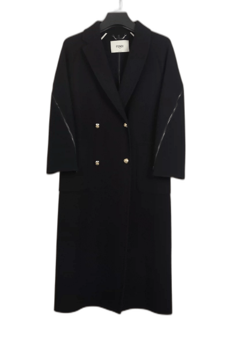 long black wool coat with zipper details