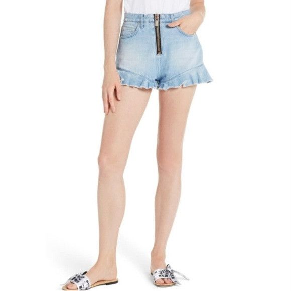 image of Msgm Milano Denim Ruffle Hem Shorts in Blue, Women's (Size 26)