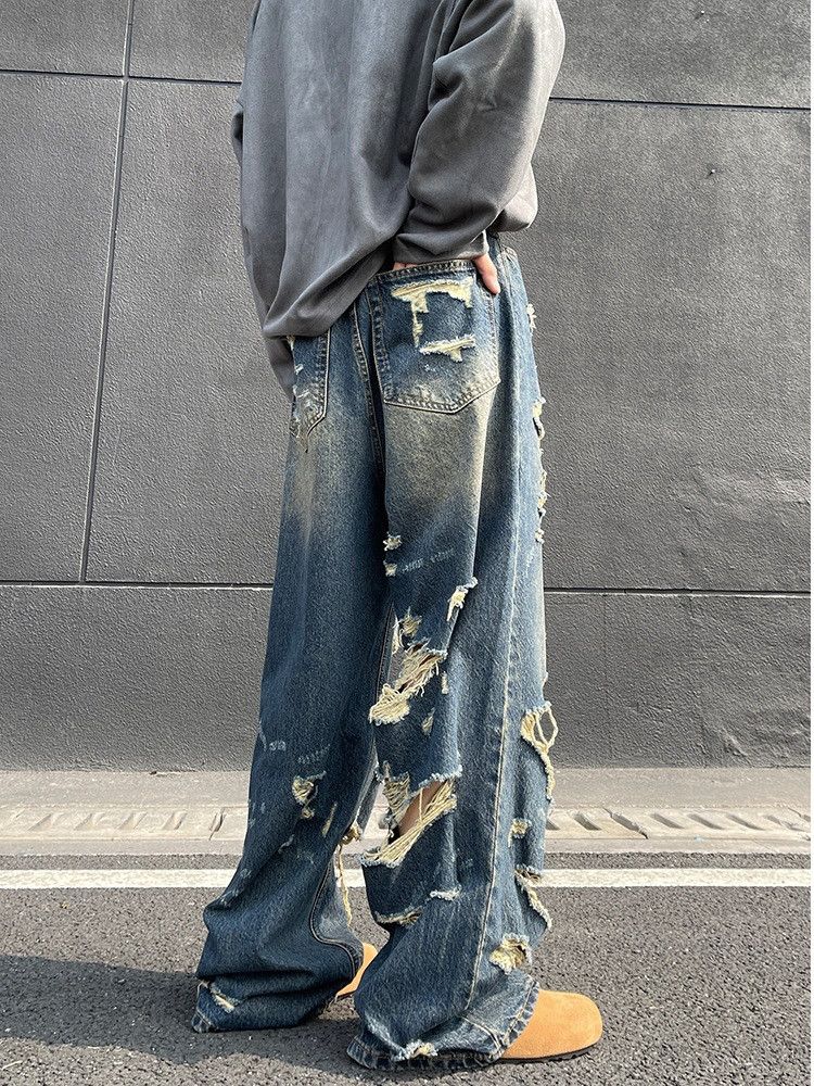 Japanese Brand Men's high street washed loose straight casual ripped jeans Size US 32 / EU 48 - 5 Thumbnail