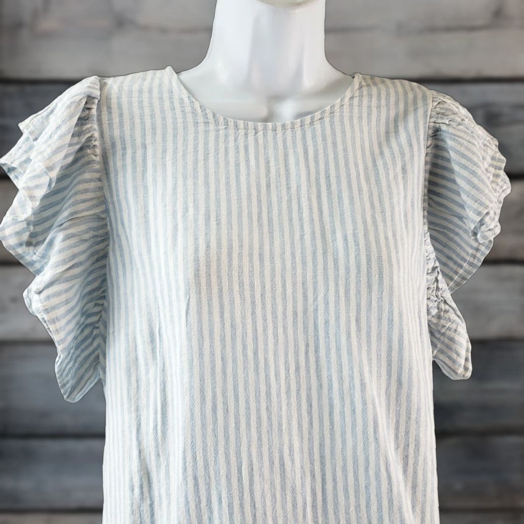 Vintage A New Day Womens Blouse Shirt XS? No, Size M Blue White Striped Linen Blend Flutter Sleeve Casual Shirt Womens Size M / US 6-8 / IT 42-44 - 1 Thumbnail
