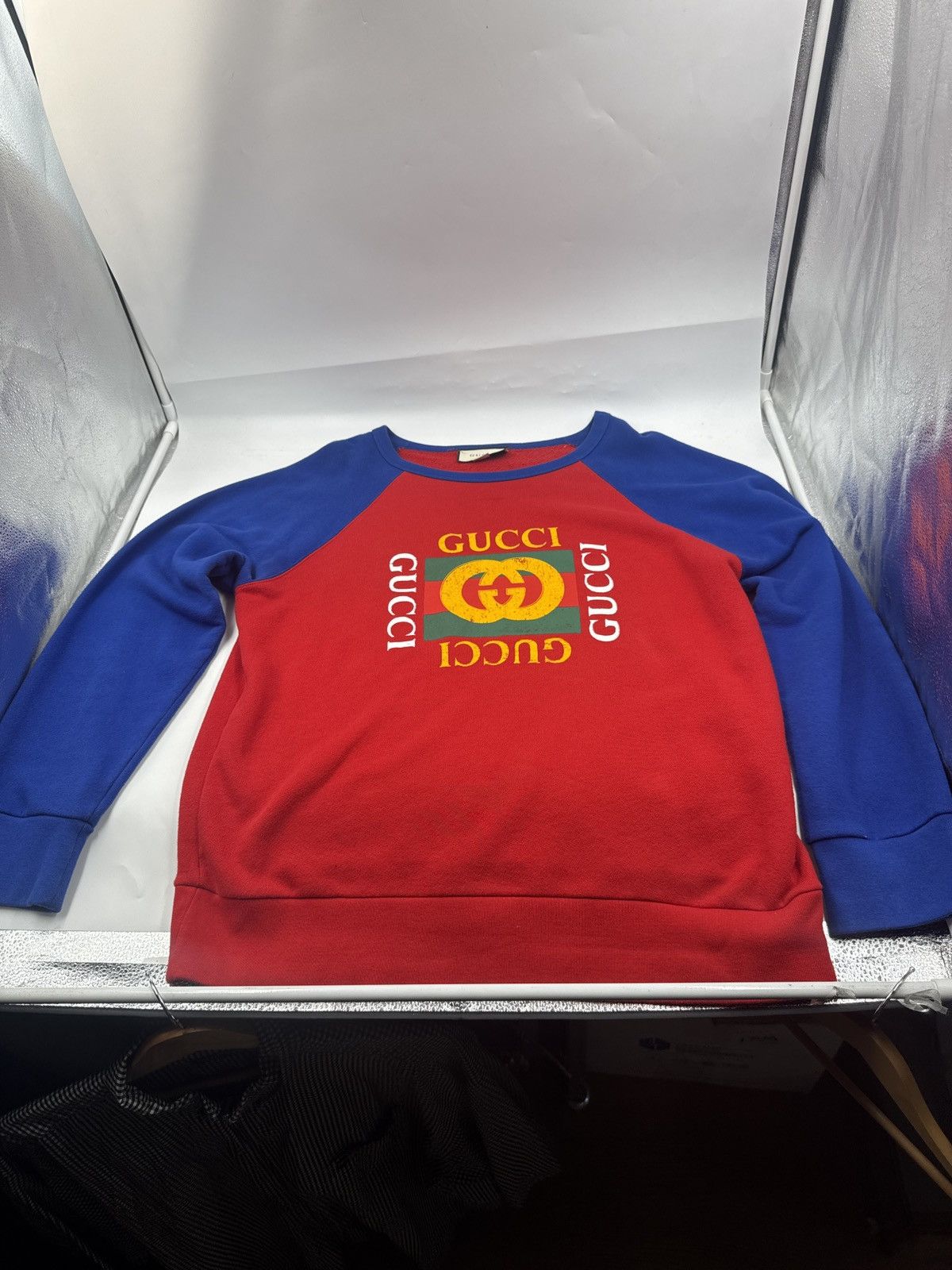 Gucci Vintage Logo Print Cotton Knit Crewneck Sweatshirt
