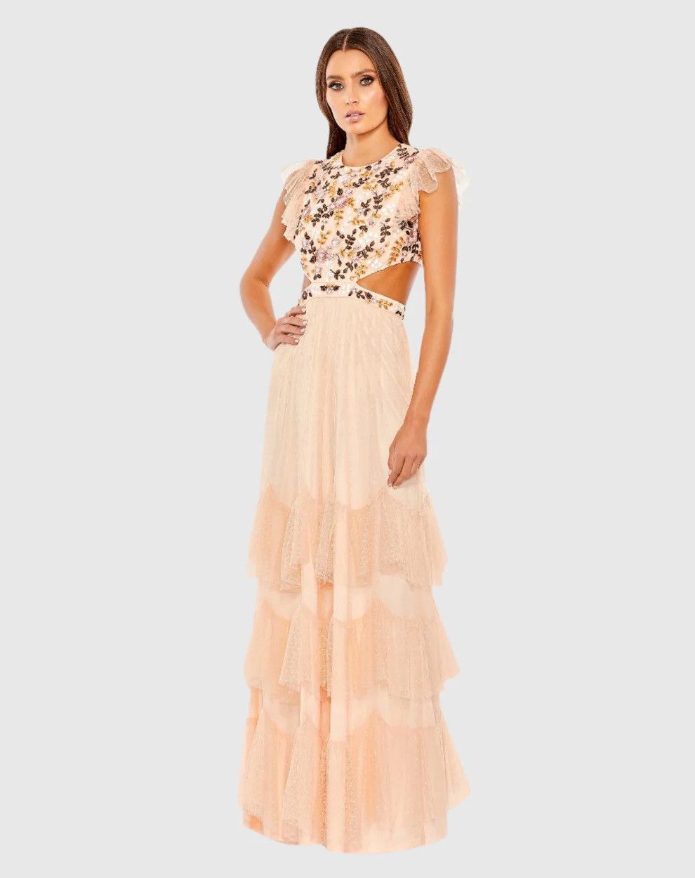 Mac Duggal Embroidered Bodice Cap Sleeve Ruffle Tiered Gown Size M / US 6-8 / IT 42-44 - 1 Thumbnail
