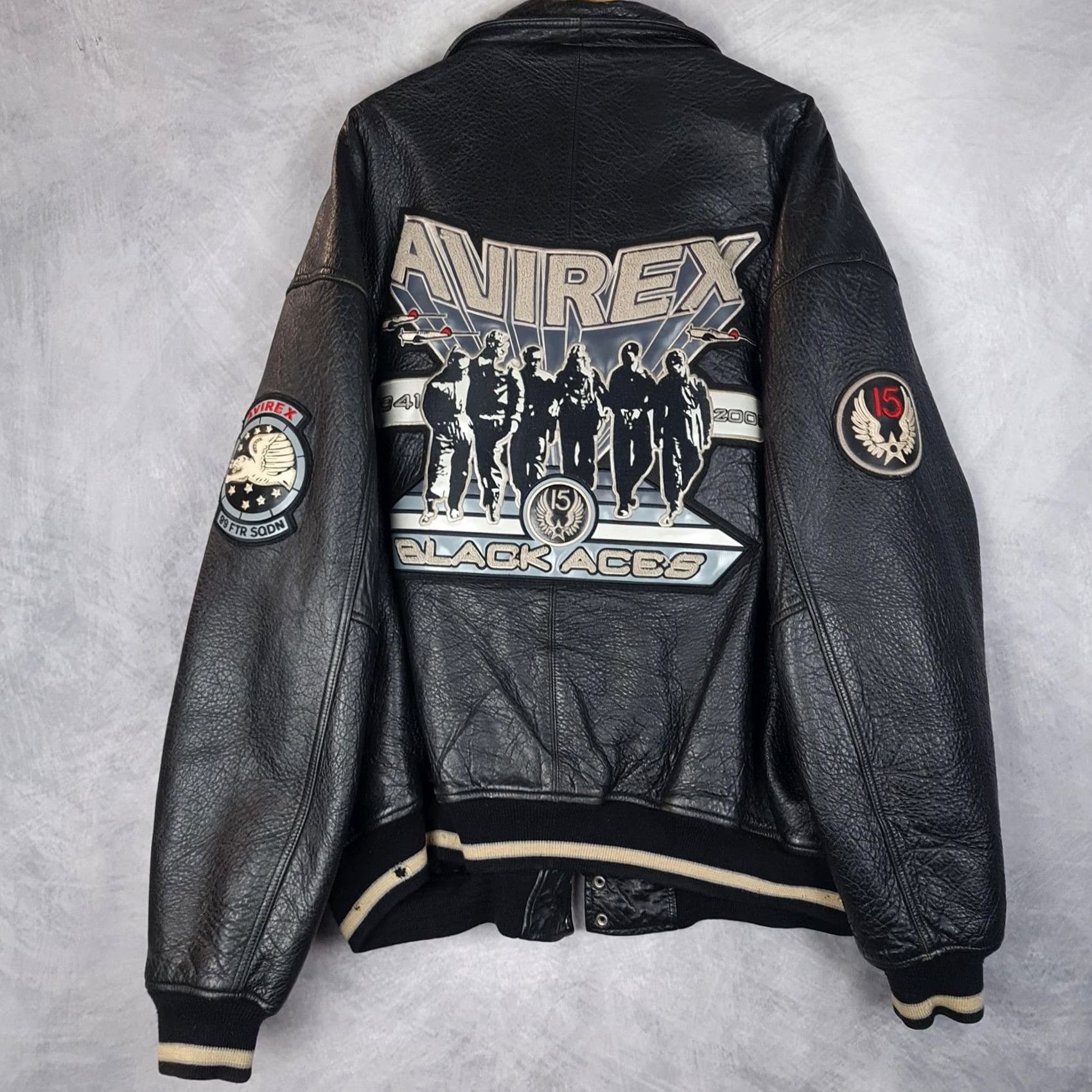 Avirex VINTAGE Avirex Jacket Mens 5XL Leather Bomber Black Aces Tuskegee Patch Military Patches Bomber Short Snap Collar M Size US XXL / EU 58 / 5 - 2 Thumbnail