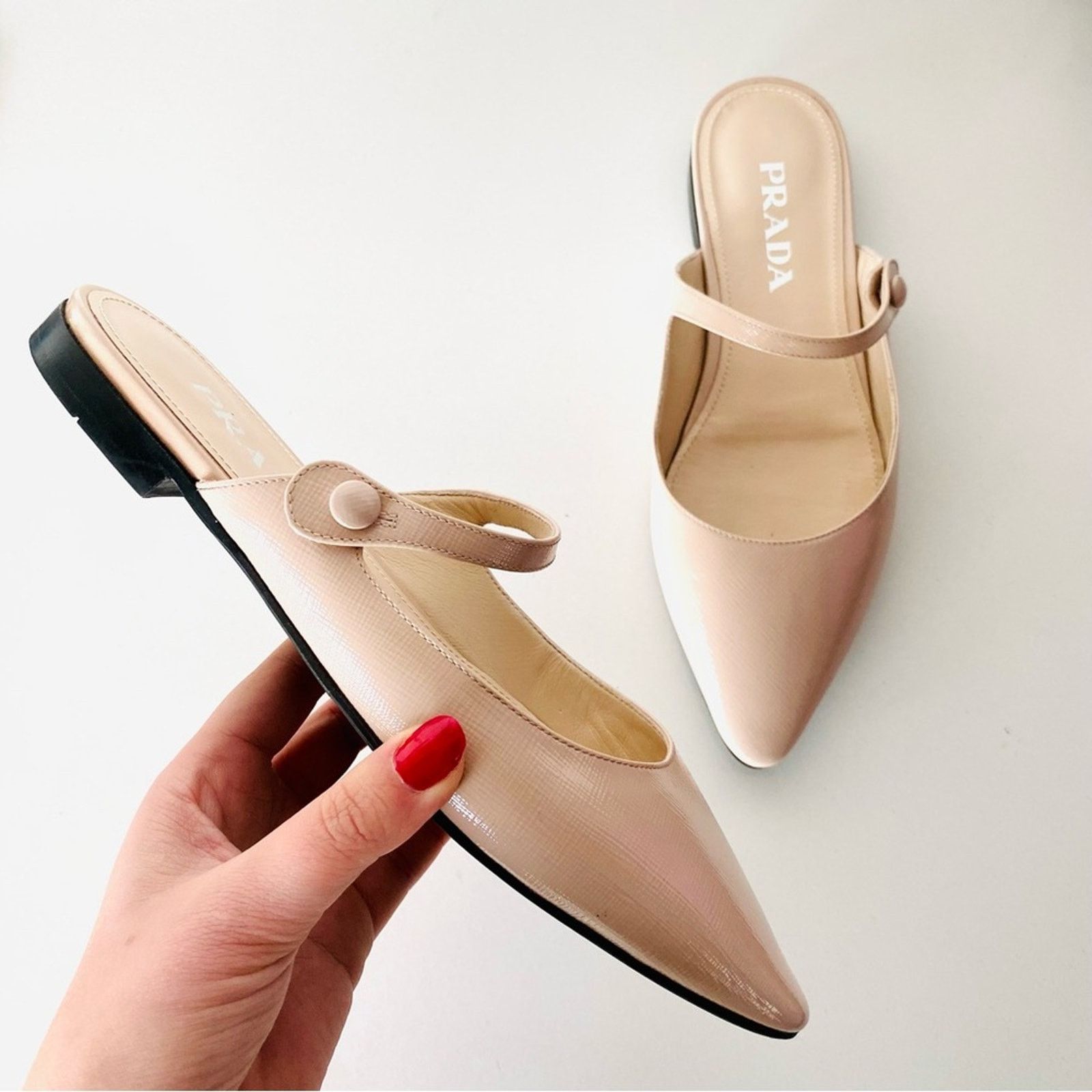 Prada PRADA Nude Cream Beige Patent Leather Flats Slip On Slides Size US 8 / IT 38 - 1 Thumbnail