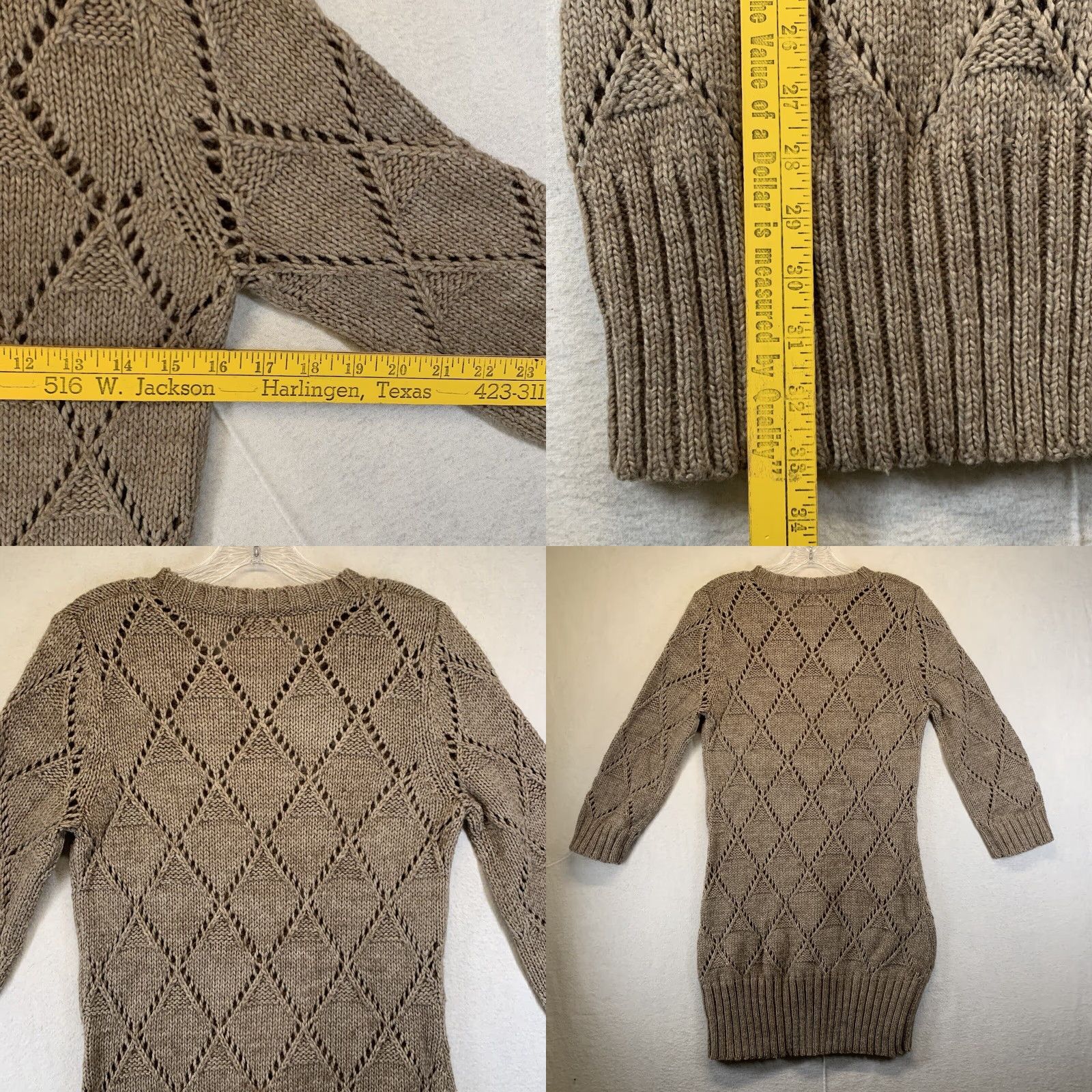 Vintage VINTAGE Fenn Wright Mason Women’s Sweater Dress Open-Knit Wool Acrylic Argyle Crew Neck Medium Beige Pullover Size M / US 6-8 / IT 42-44 - 8 Thumbnail