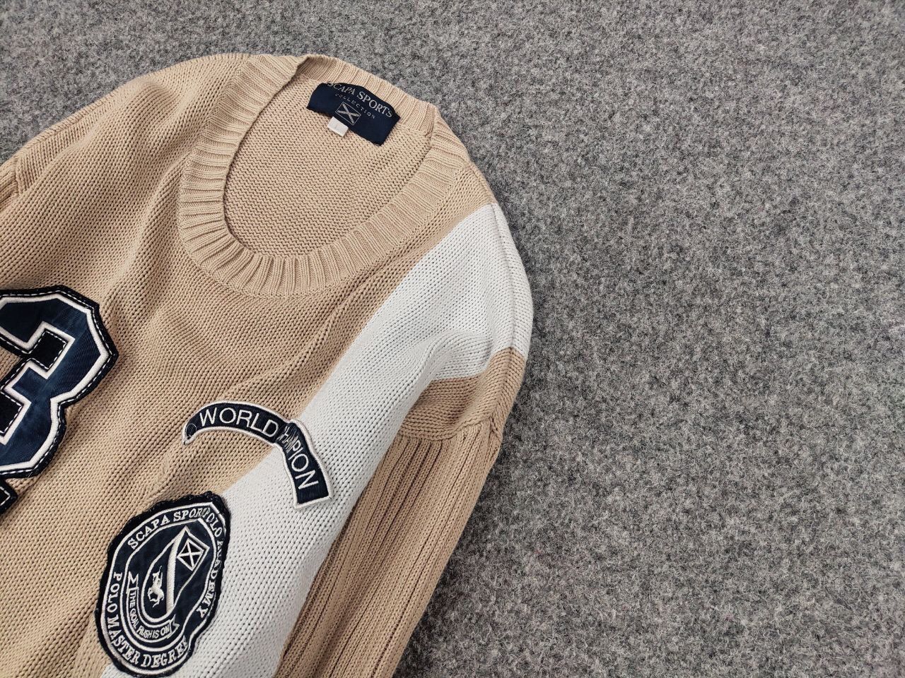 Japanese Brand Vintage 90's Polo Skarpa Sports Knit beige Patchwork Sweater Size US L / EU 52-54 / 3 - 4 Thumbnail