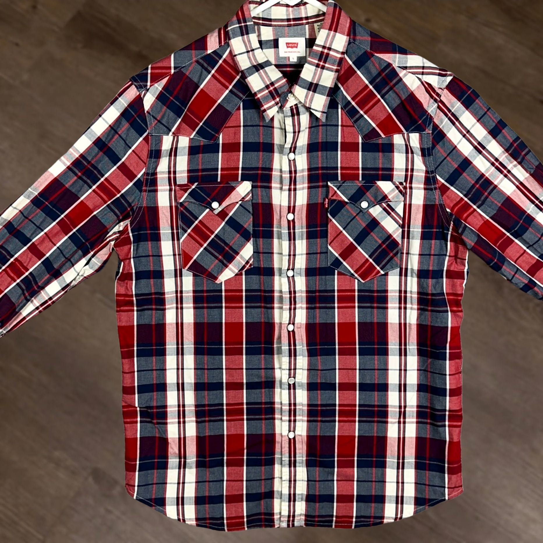 Levi's Levi's Shirt Mens Large Blue Red Plaid Western Pearl Snap Button Up Flap Pockets Size US L / EU 52-54 / 3 - 1 Thumbnail