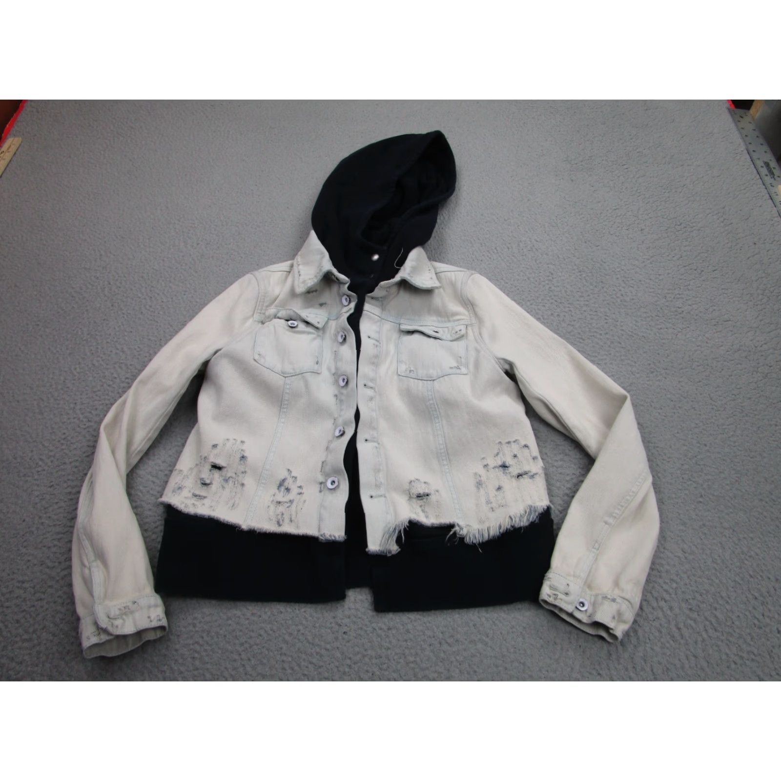 Free People Free People Hoodie Jacket Womens S Bleached Demim Distressed Frayed Grunge Punk Denim Jacket Hooded Blue 70s? Size S / US 4 / IT 40 - 2 Thumbnail