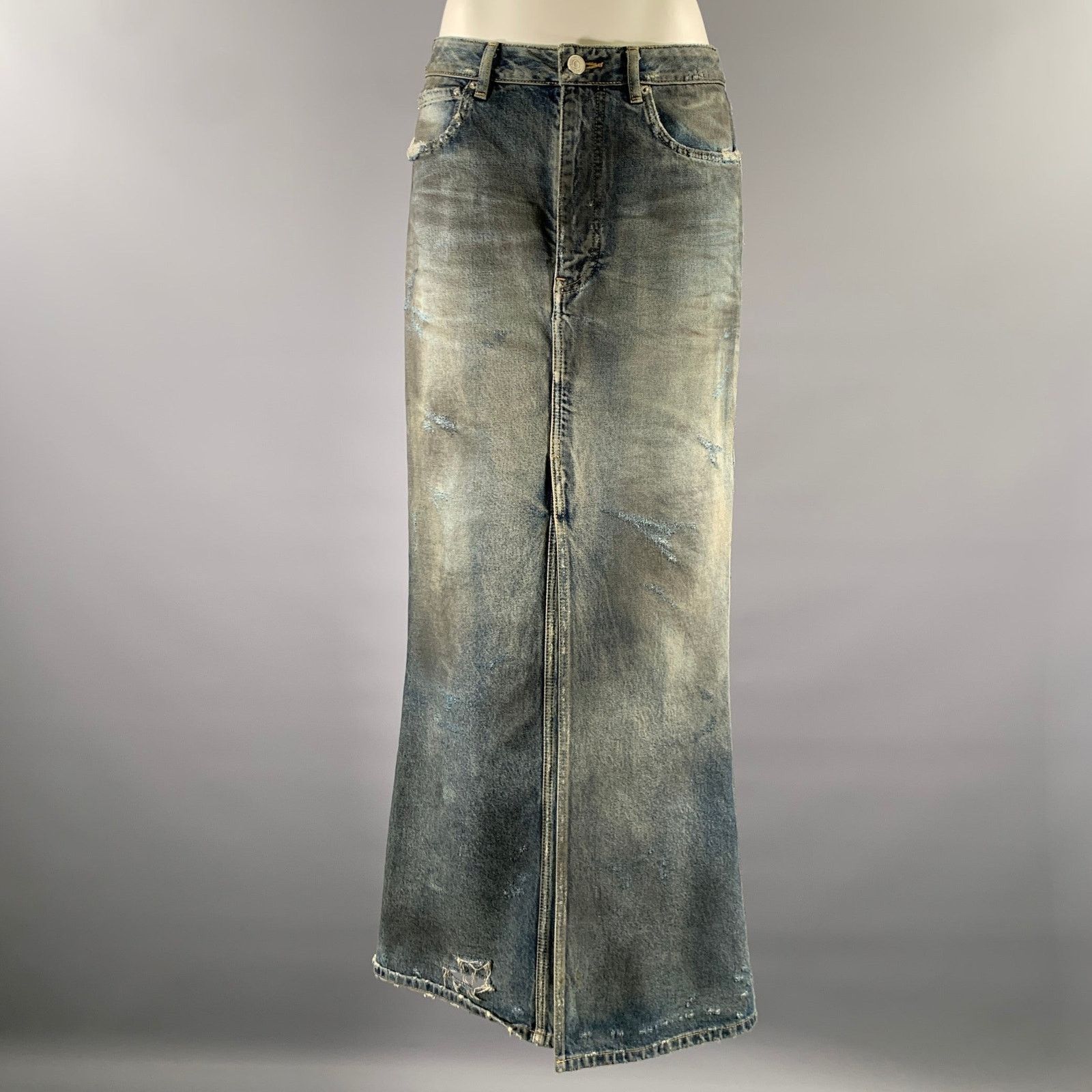 Balenciaga BALENCIAGA Size 2 Blue Mud Wash Cotton Denim Maxi Skirt Size 26" / US 2 / IT 38 - 1 Thumbnail