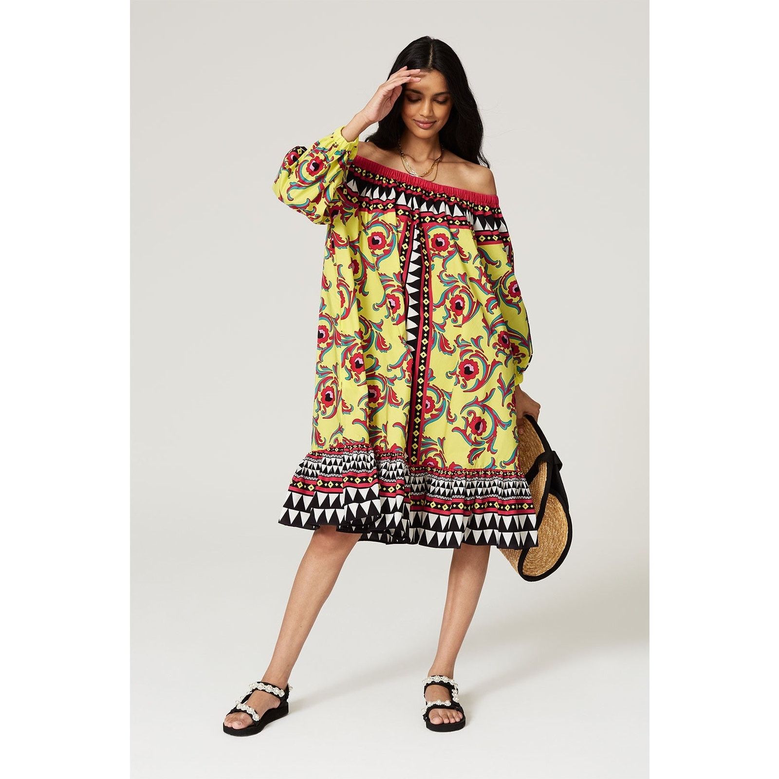 La DoubleJ RTR LaDoubleJ XS Paloma Yellow Off Shoulder Shift Midi Dress Size XS / US 0-2 / IT 36-38 - 1 Thumbnail